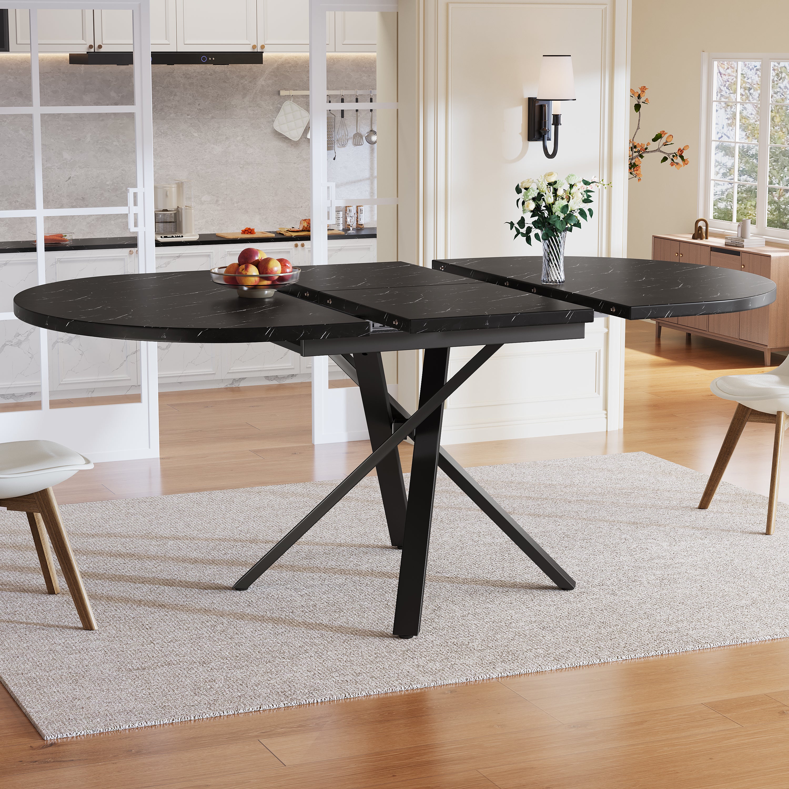 Round extendable table with marble look - 100 cm (extendable to 140 cm) x 75.5 cm high - With sturdy X-shaped metal frame in black - Ideal as a kitchen table or breakfast table