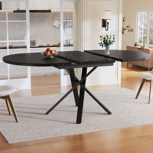 Round extendable table with marble look - 100 cm (extendable to 140 cm) x 75.5 cm high - With sturdy X-shaped metal frame in black - Ideal as a kitchen table or breakfast table
