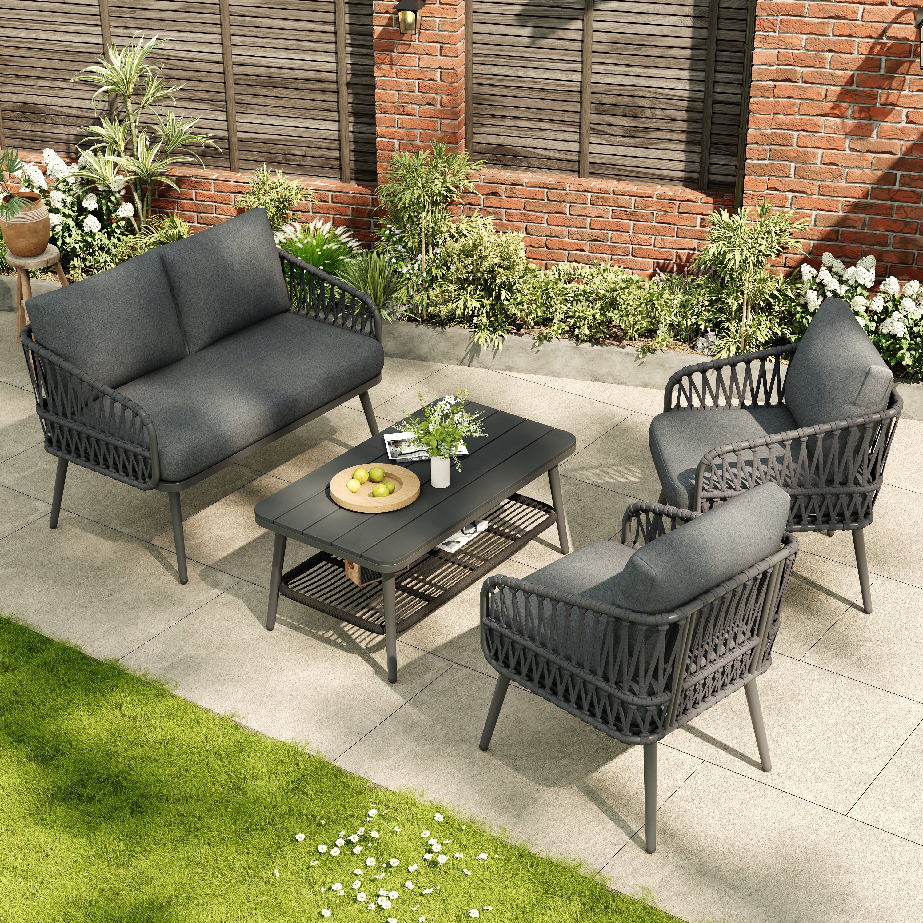 4 Seater Garden Set with Plastic Wood Storage Coffee Table, Polyester Rope Outdoor Set with Sofa and Armchairs, Weatherproof Outdoor Patio Sofa for Balcony and Terrace, Linen, Grey