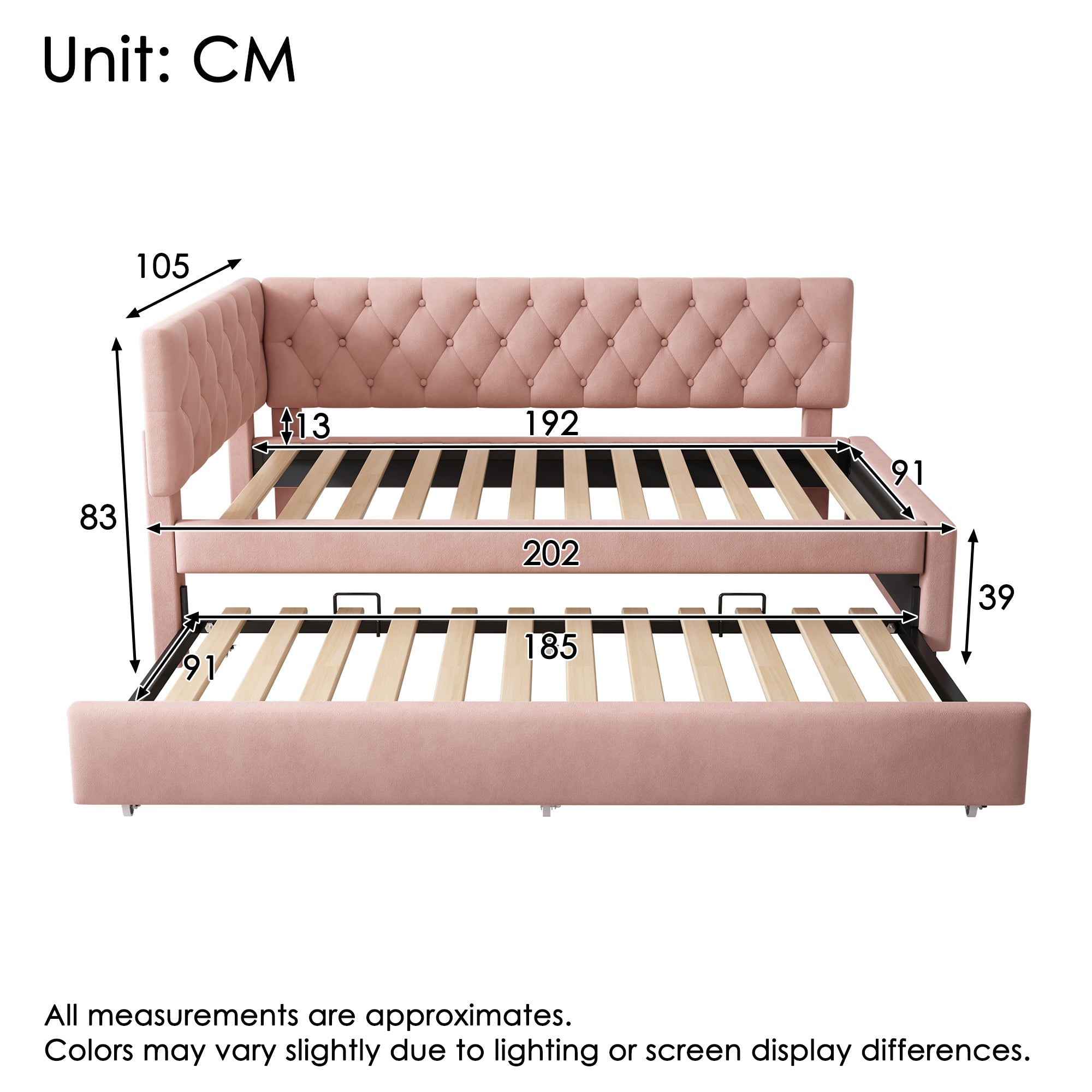 Upholstered Bed Daybed with Pull-Out Bed, 3FT Single Sofa Bed 90 x 190 cm, Ottoman Bed Trundle Beds for Adults and Kids, Bed with Slatted Frame, Velvet, Pink (No Mattress)