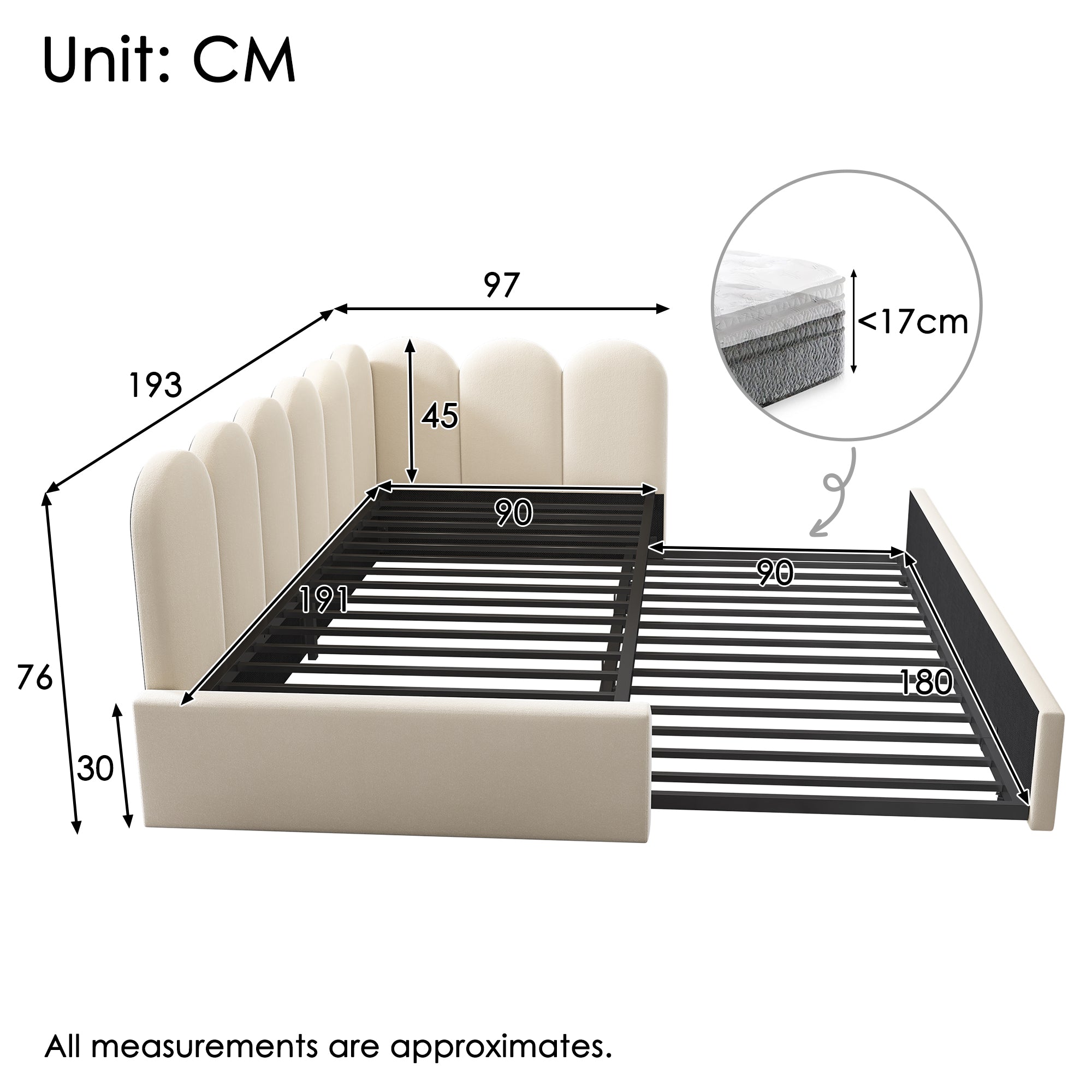 Upholstered Bed Daybed with Pull-Out Bed, 3FT Single Sofa Bed 90 x 190 cm, Guest Beds for Adults and Children, Bed with Slatted Frame, Velvet, Beige (No Mattress)