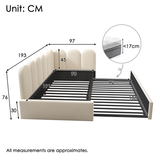 Upholstered Bed Daybed with Pull-Out Bed, 3FT Single Sofa Bed 90 x 190 cm, Guest Beds for Adults and Children, Bed with Slatted Frame, Velvet, Beige (No Mattress)