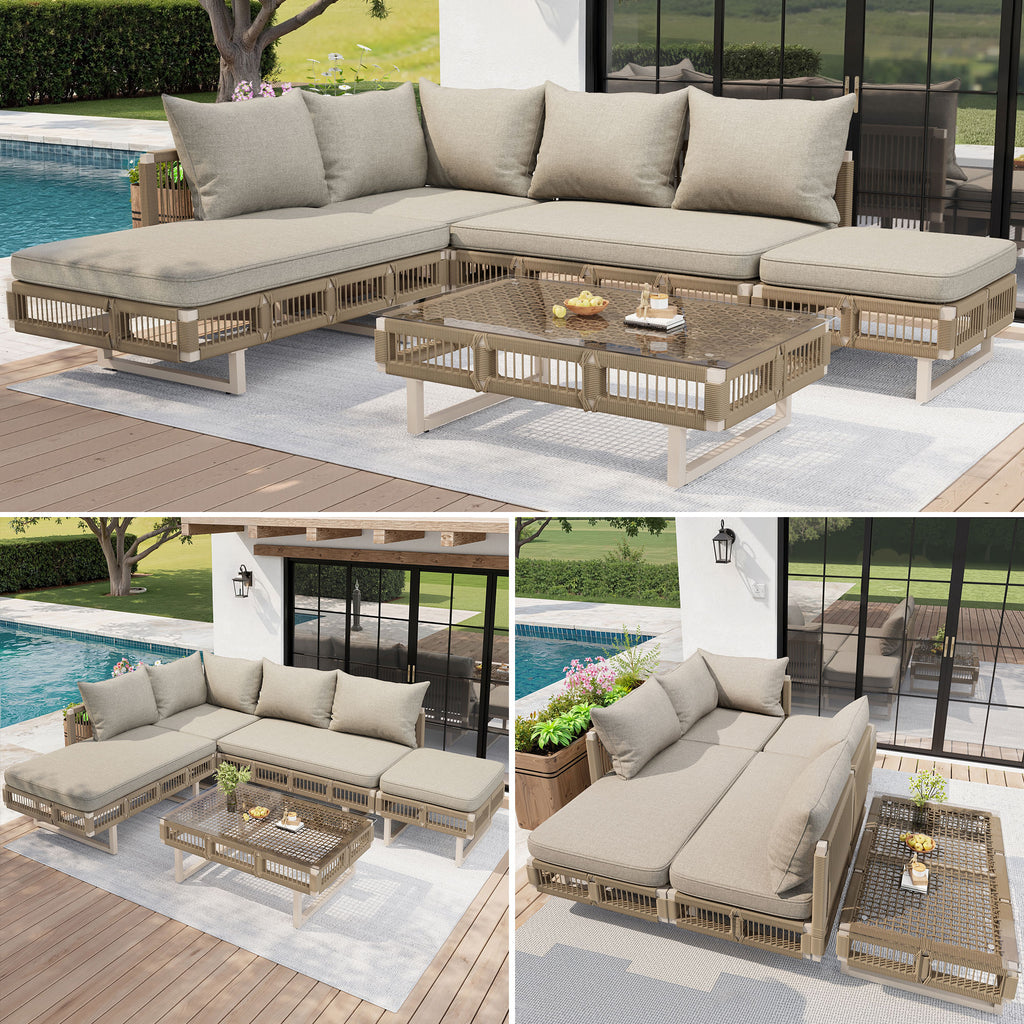 Modular Rope-Woven Outdoor Sofa Set with Tempered Glass Coffee Table, 10cm Thick Cushions, for Patio & Poolside