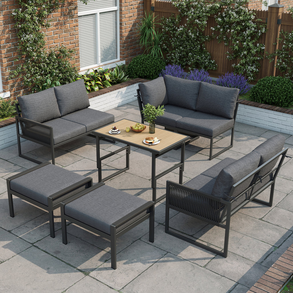 7-8 Seater Outdoor Garden Set with Height Adjustable Coffee Table and Compact Seater Stools, Corner Sofa with Polyester Rope, Weatherproof Outdoor Patio Dining Lounge Set for Balcony and Terrace, Grey