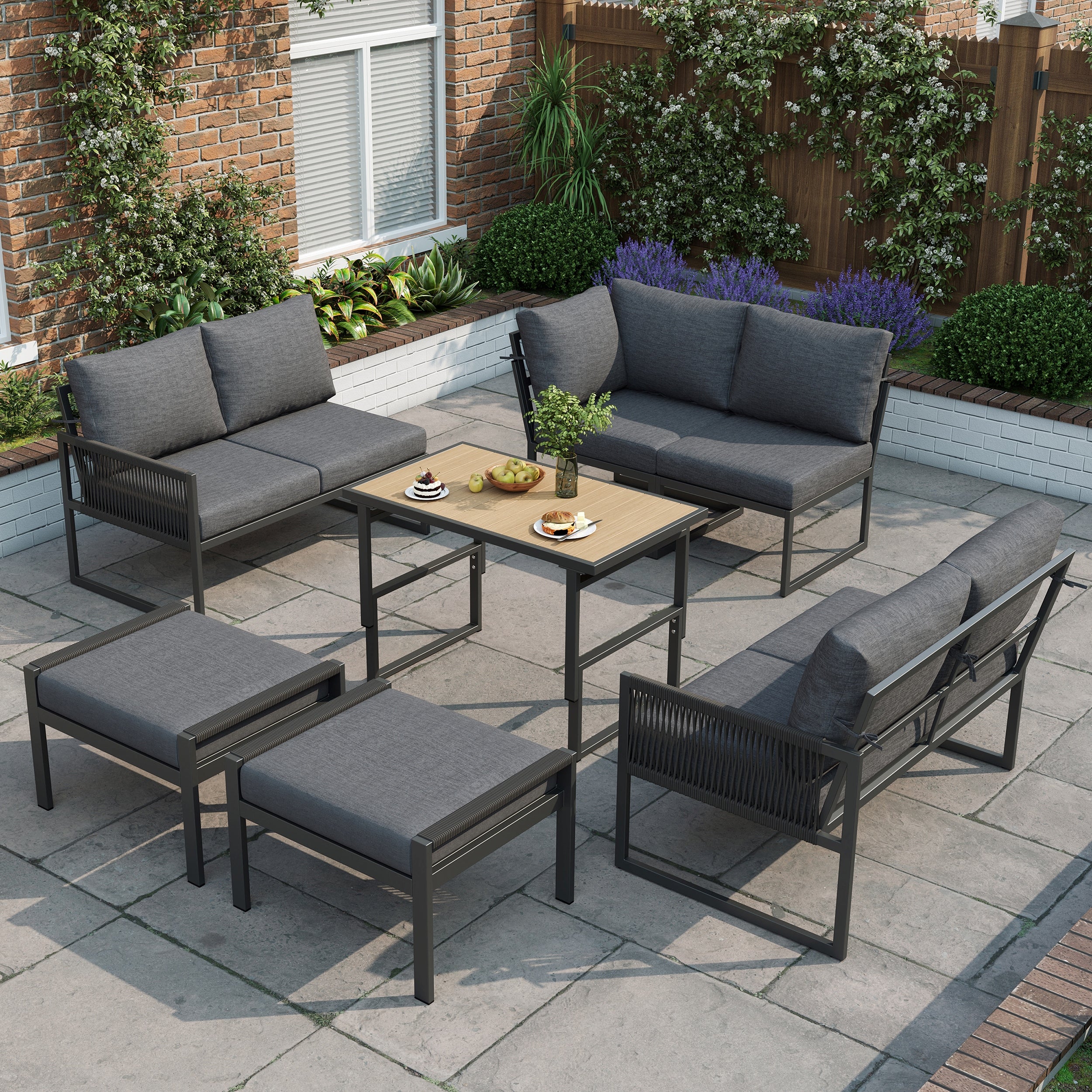 7-8 Seater Outdoor Garden Set with Height Adjustable Coffee Table and Compact Seater Stools, Corner Sofa with Polyester Rope, Weatherproof Outdoor Patio Dining Lounge Set for Balcony and Terrace, Grey
