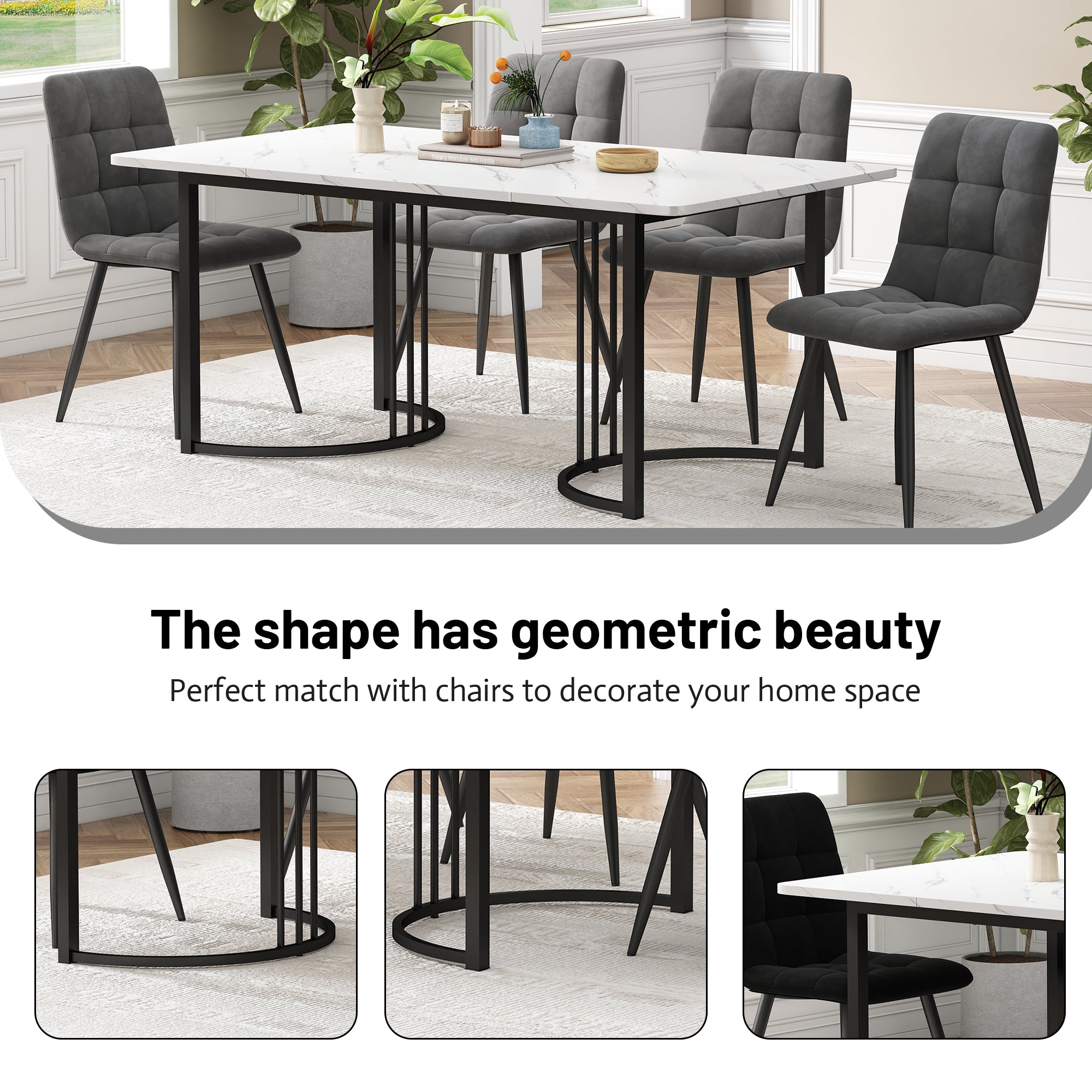140 x 80cm Dining Table,(1-pcs), Modern Kitchen Table, Metal Frame Rectangular Dining Table in Modern Marble Pattern Kitchen Table with Adjustable Feet for Dining Room Living Room, White/Black