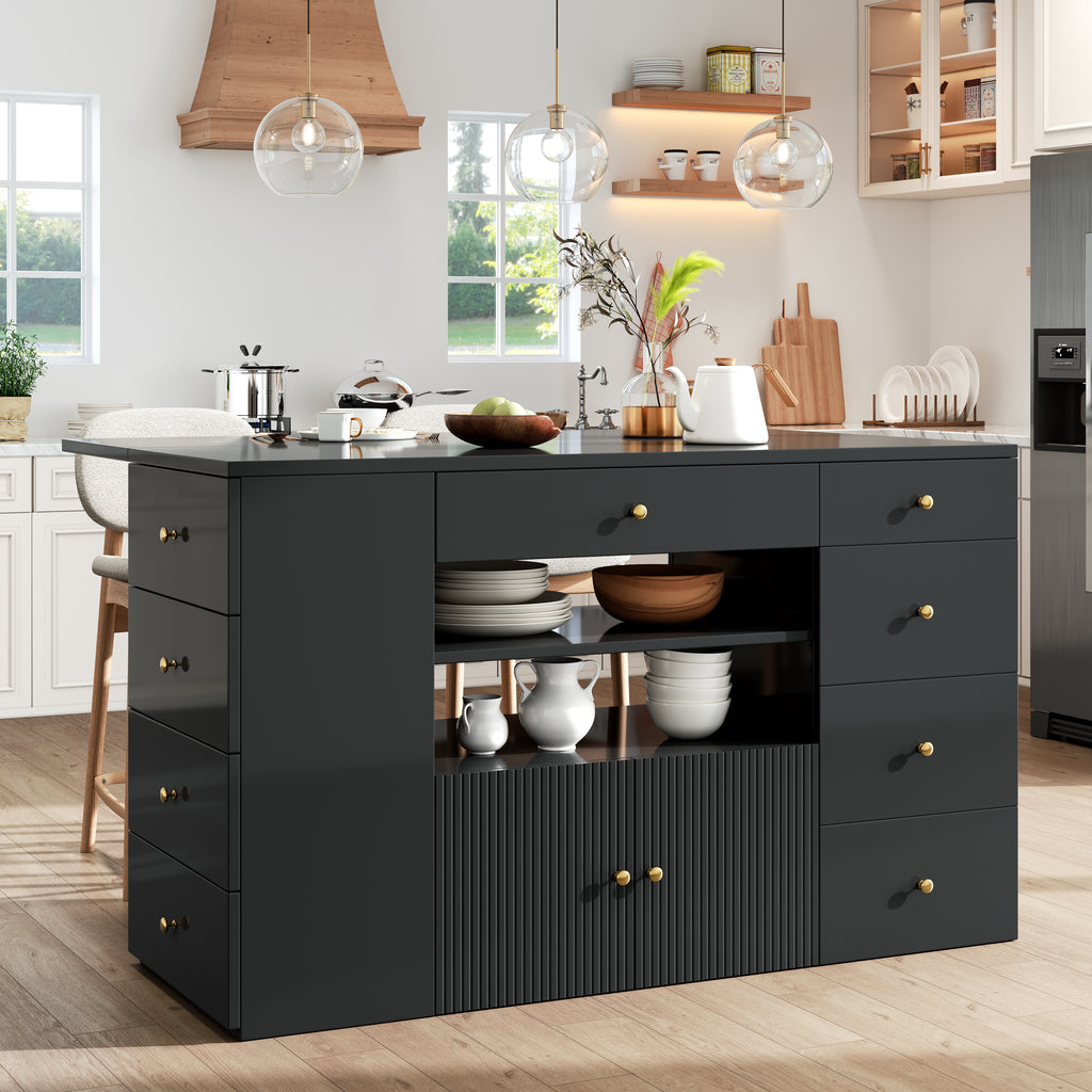 Adjustable Kitchen Island with Bar Stools - Sideboard & Cabinet with 6 Drawers, Width 140-70cm, White/Black