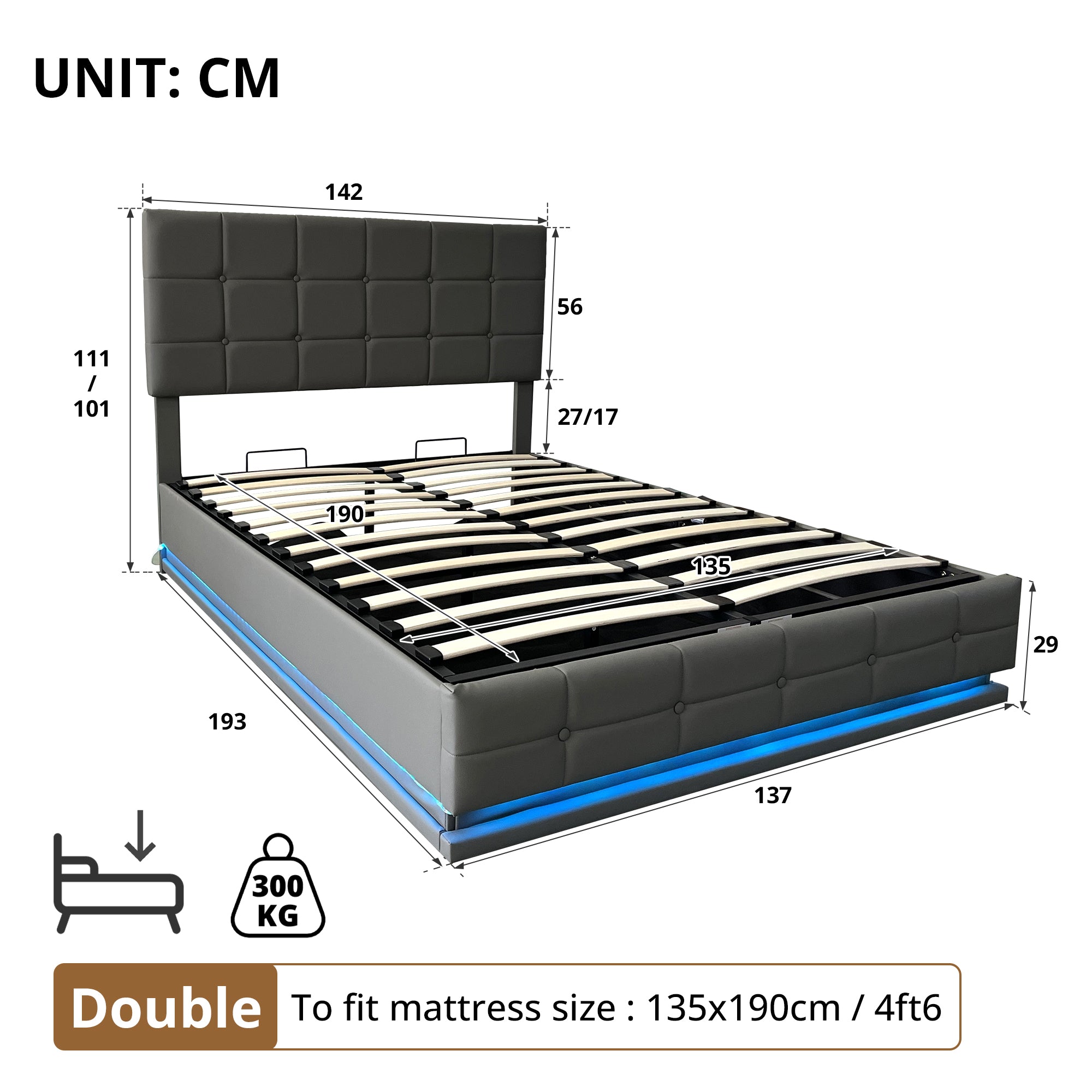 Ottoman Double Bed with LED Lighting, PU Leather Upholstered Bed with Hydraulic Storage, 4ft6 Double Bed Frame with Adjustable Button Tufted Headboard, No Box Spring Needed, Grey (No Mattress)
