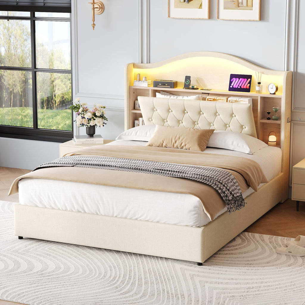 4ft6 Double Upholstered Bed Frame with Hydraulic Storage, LED Curved Button Tufted Headboard with Charging Station and Concealed Headboard Storage, USB and Type - C Ports, Linen, Beige (No Mattress)