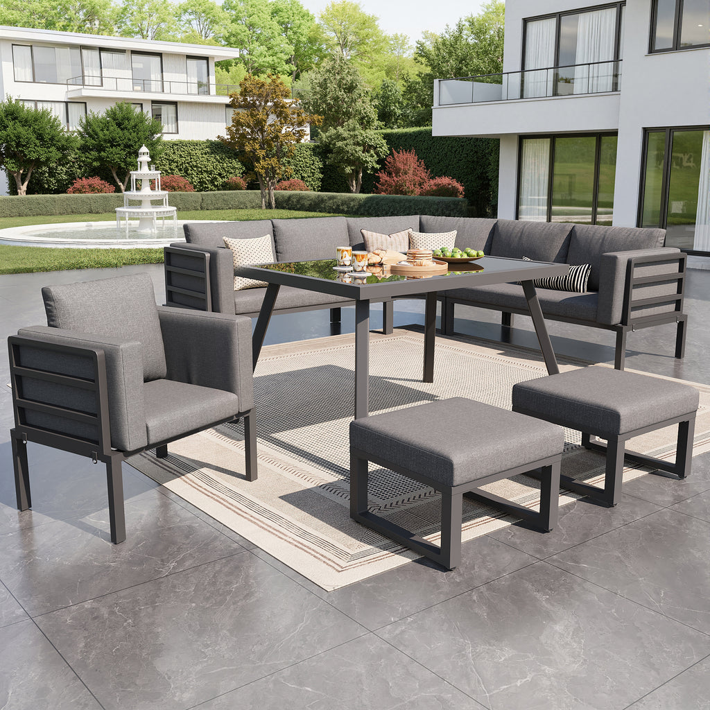 Crescent-shaped garden sofa set for 8 people / Sturdy iron frame with grey cushions / Complete with glass table, 1 armchair & 2 stools / Weatherproof patio furniture for balcony