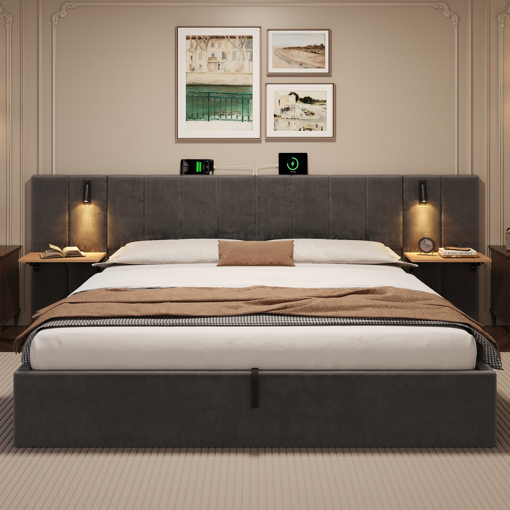 Super King Upholstered Bed with Charging Station, Velvet Hydraulic Storage Bed with Reading Light, 6ft King Bed Frame with Channel Tufted Headboard and Adjustable Bedside Shelf, Grey (No Mattress)
