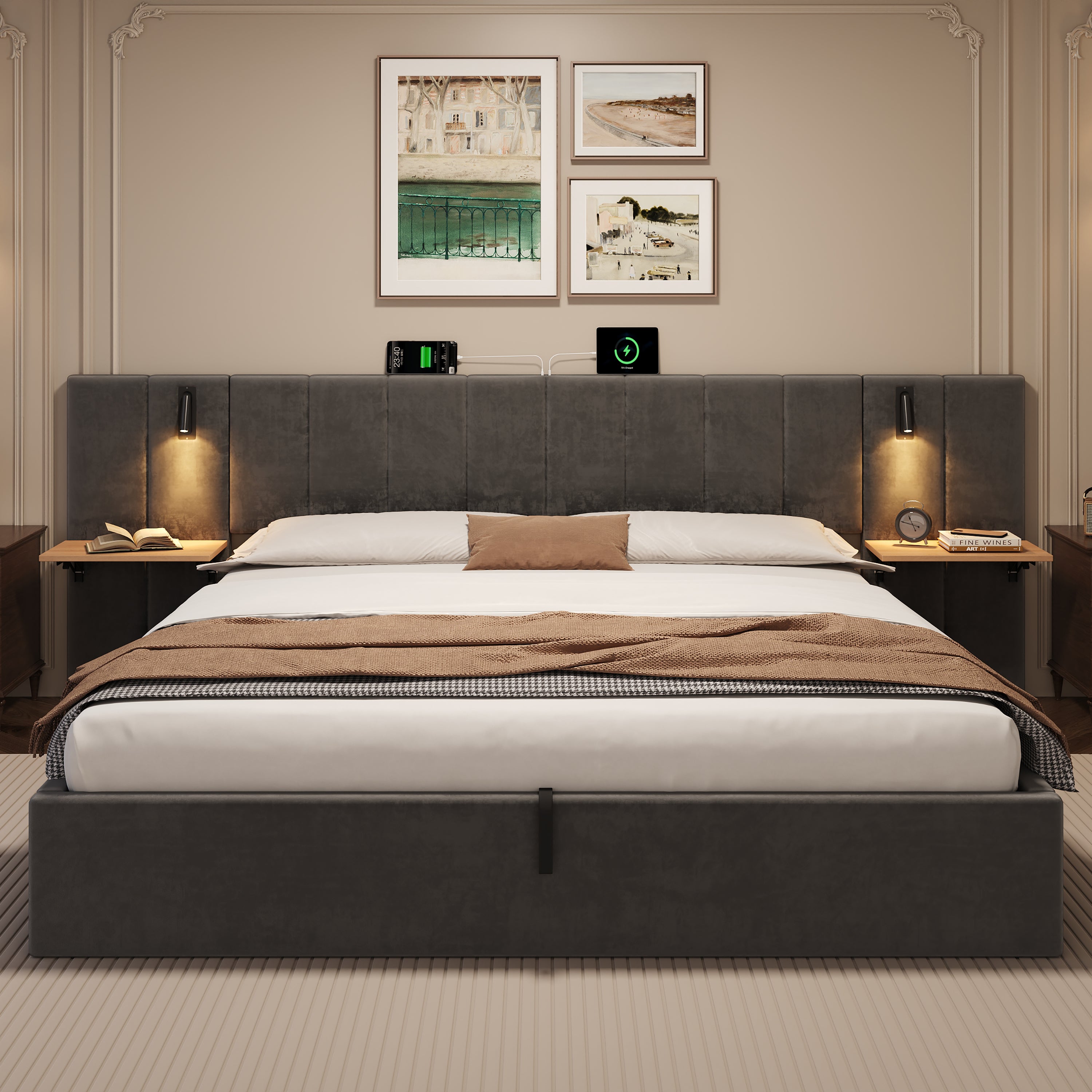 Super King Upholstered Bed with Charging Station, Velvet Hydraulic Storage Bed with Reading Light, 6ft King Bed Frame with Channel Tufted Headboard and Adjustable Bedside Shelf, Grey (No Mattress)