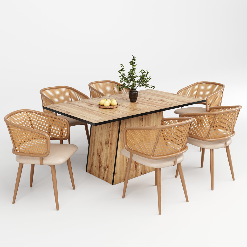 Modern Dining Chairs (6 pcs) with Rattan Backrest & PU Leather Seat, Breathable and Comfortable Dining Chairs for Restaurant, Living Room, Café , Contemporary Simple Style, Beige