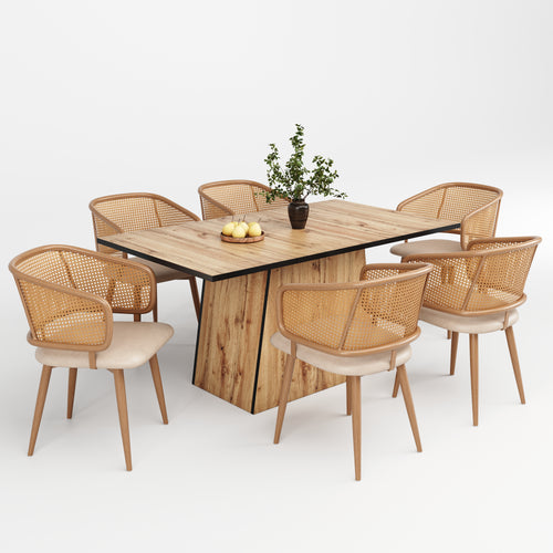 Modern Dining Chairs (6 pcs) with Rattan Backrest & PU Leather Seat, Breathable and Comfortable Dining Chairs for Restaurant, Living Room, Café , Contemporary Simple Style, Beige