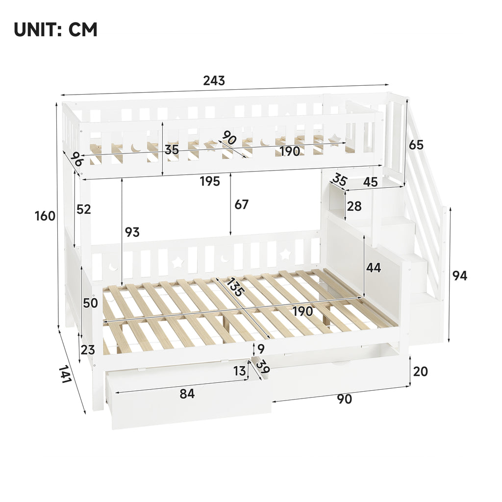 Bunk Bed with Two Storage Drawers and Side Hidden Storage Compartments, Solid Wood Loft Bed Frame with Space-Saving Design, Safety Guardrails & Staircase, Star and Moon Motifs, White (No Mattress)