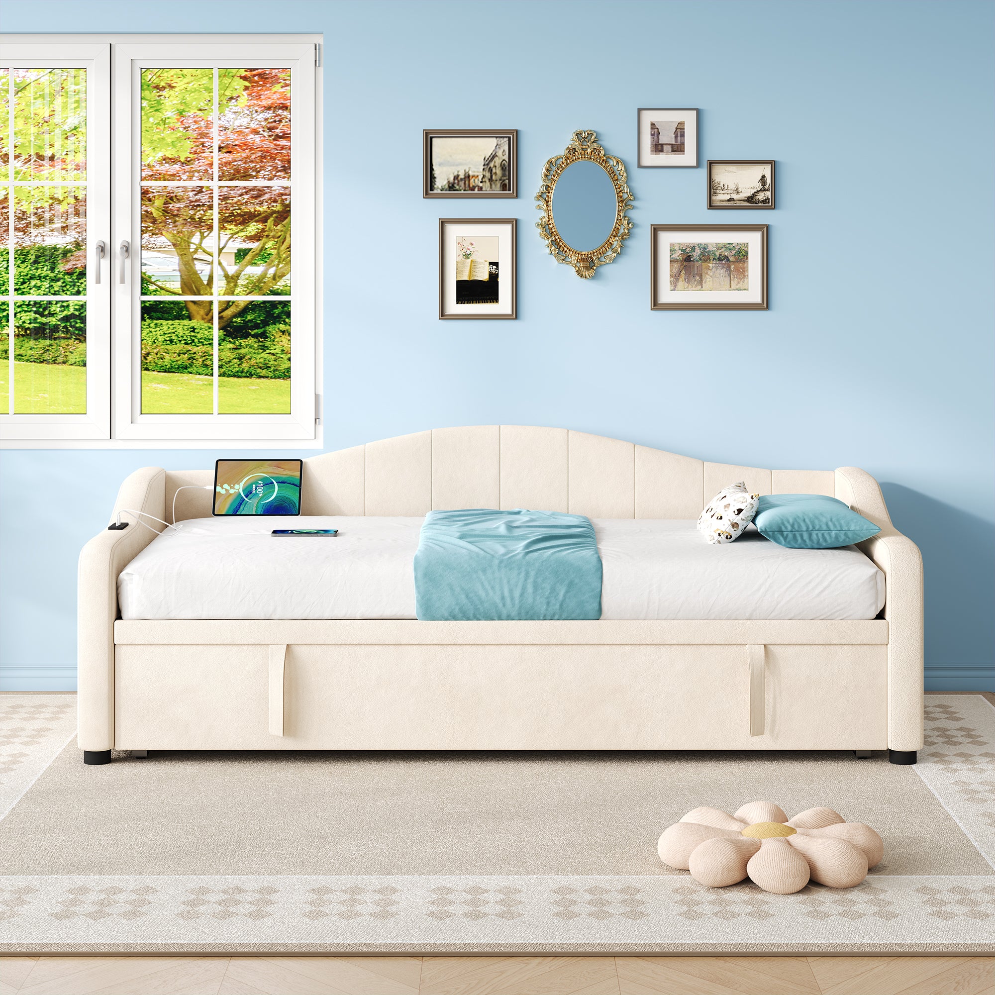 Upholstered Bed 90x190cm, Daybed, Sofa Bed with Charging Station, 3ft Single Velvet Bed with USB and Type - C Ports, Pull out Trundle Bed for Living Room/ Bedroom/ Study Room, Beige (No Mattress)