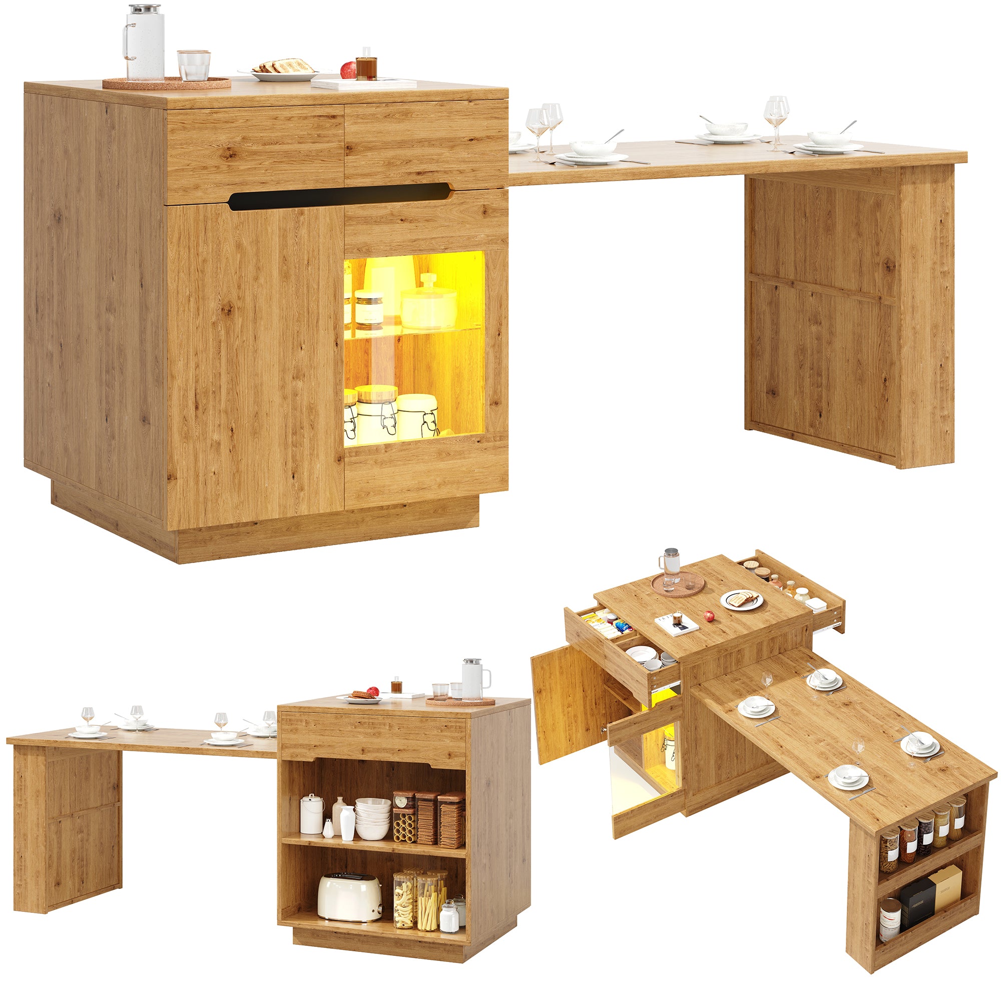 Kitchen Island with Extendable Table, Multifunctional Kitchen Storage Cabinet with LED Lighting (App Control), Oak Effect, Glass Door, for Kitchen & Dining Room