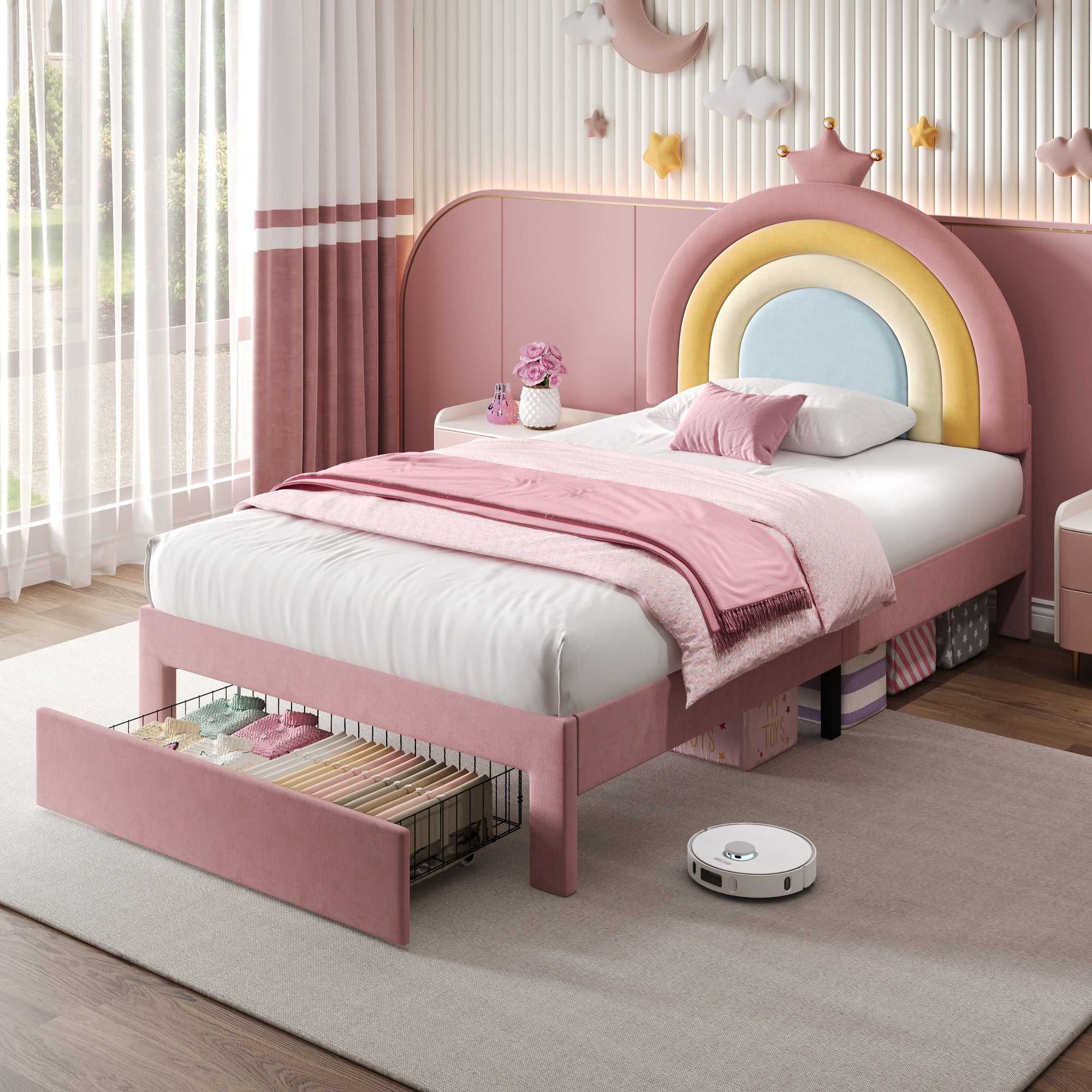 3ft Single Upholstered Bed with Adjustable Rainbow Headboard, Soft Velvet Bed Frame with Storage Drawer, Stylish Rainbow Headboard with Crown, No Box Spring Needed, Easy Assembly, Pink (No Mattress)