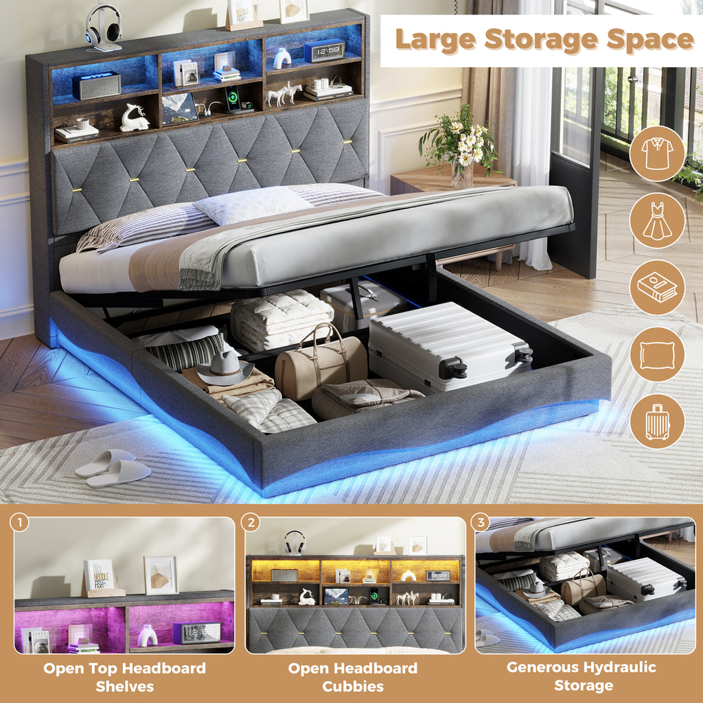 5ft King Upholstered Bed Frame with Hydraulic Storage, Wavy LED Heightened Headboard with Charging Station, USB and Type - C Ports, Linen, No Box Spring Needed, Grey (No Mattress)