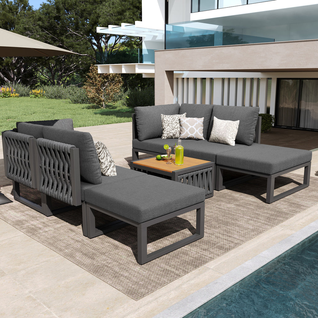 Garden Furniture Set with High-Quality Seat & Back Cushions, Garden Lounge Armchairs for 6 People, Outdoor Daybed, Adjustable Backrest Angle, Gray