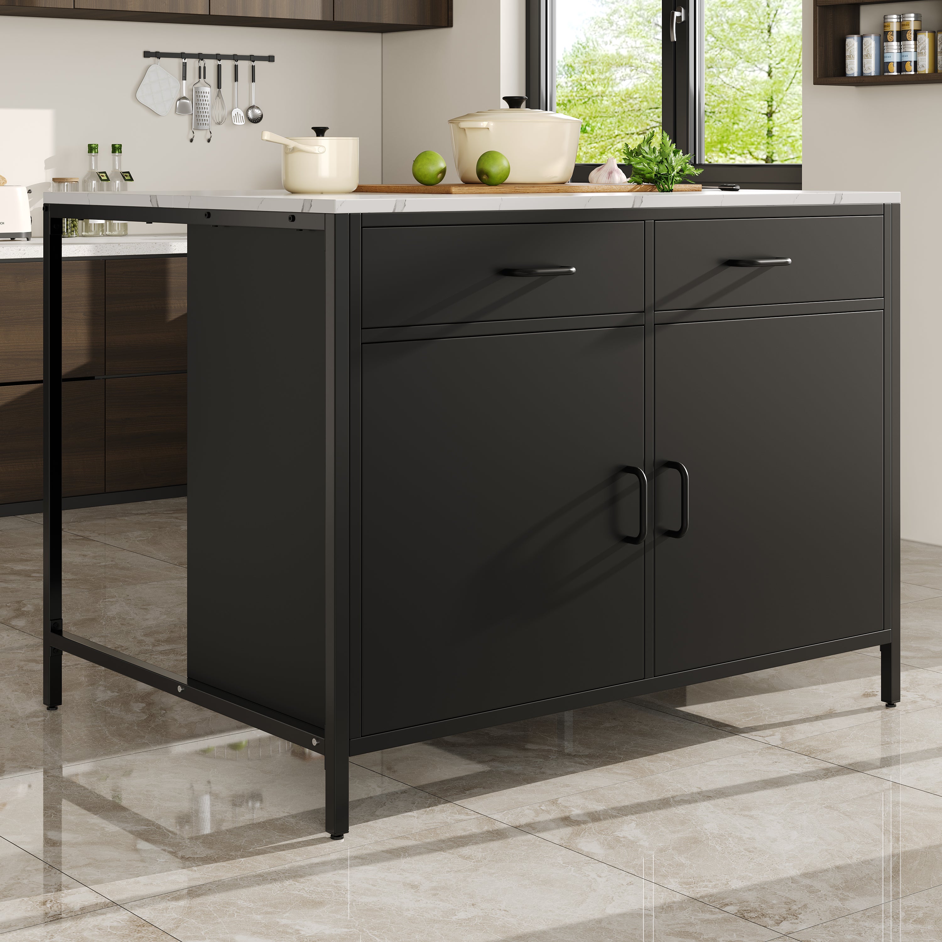 Standing Desk, Kitchen Countertop, Simple and Modern, Coffee Bar Table, Suitable for Living Room, Dining Room, Marble Pattern Tabletop, Adjustable Feet, Black