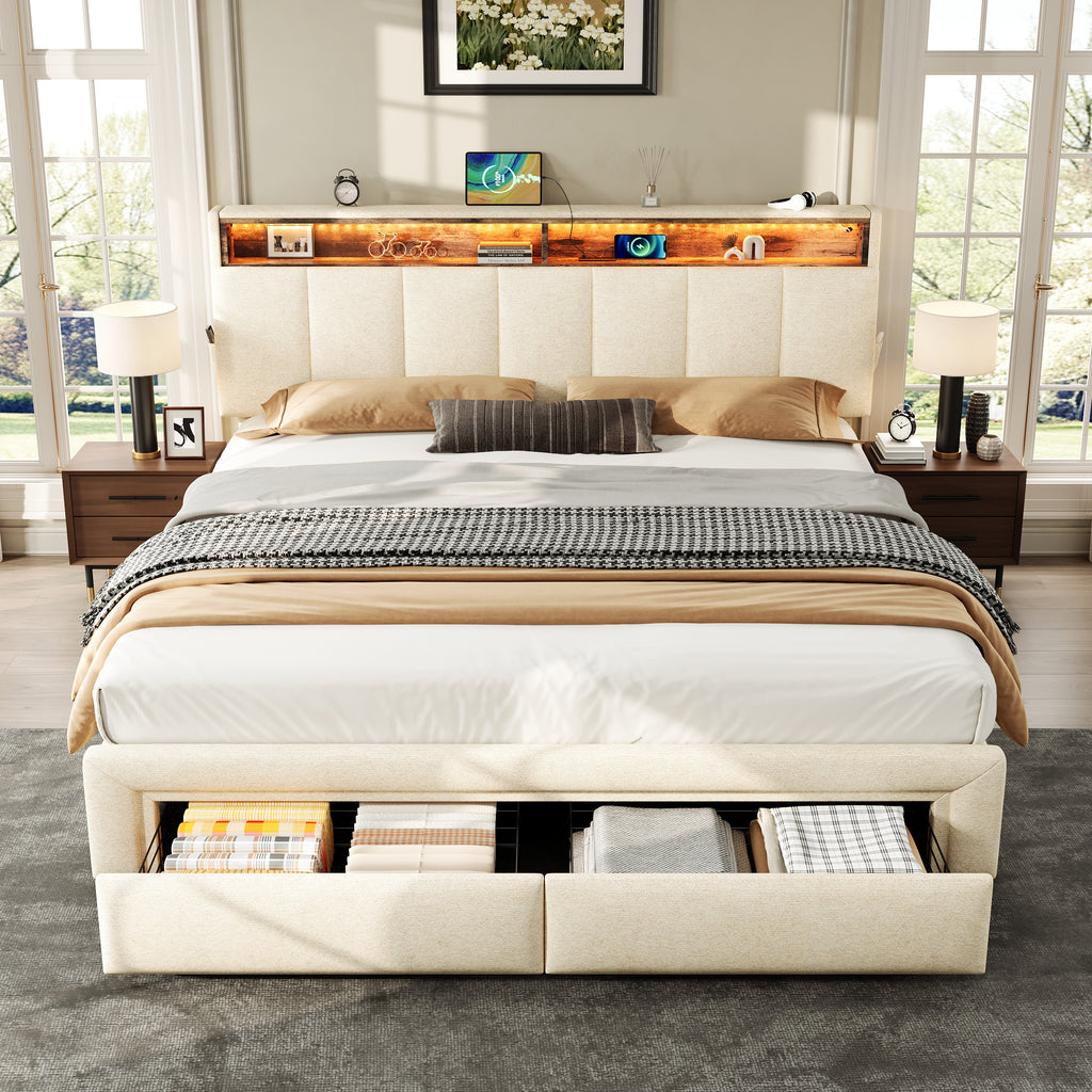 5ft King Upholstered Bed Frame with Hydraulic and Drawers Storage, LED Adjustable Headboard with Charging Station and Concealed Headboard Storage, Linen, No Box Spring Needed, Beige (No Mattress)