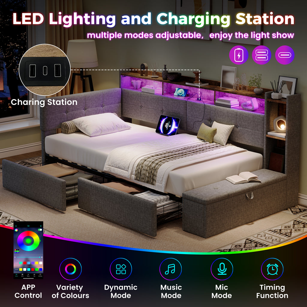 3ft Single LED Daybed with Storage Drawers and Bed End Ottoman Storage, Modern Linen Sofa Bed with Charging Station for Living Room/ Bedroom/ Study Room, 90X190cm, Grey (No Mattress)