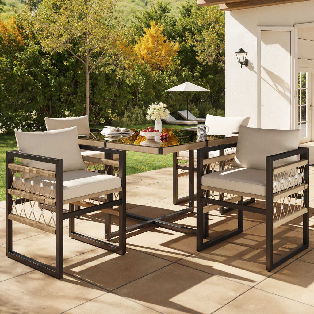 Hand-Woven Garden Sofa Set for 4 People / Made of Sturdy Iron with 4 Beige Cushions / Incl. 1 Safety Glass Table & 4 Armchairs / Weather-Resistant Patio Furniture