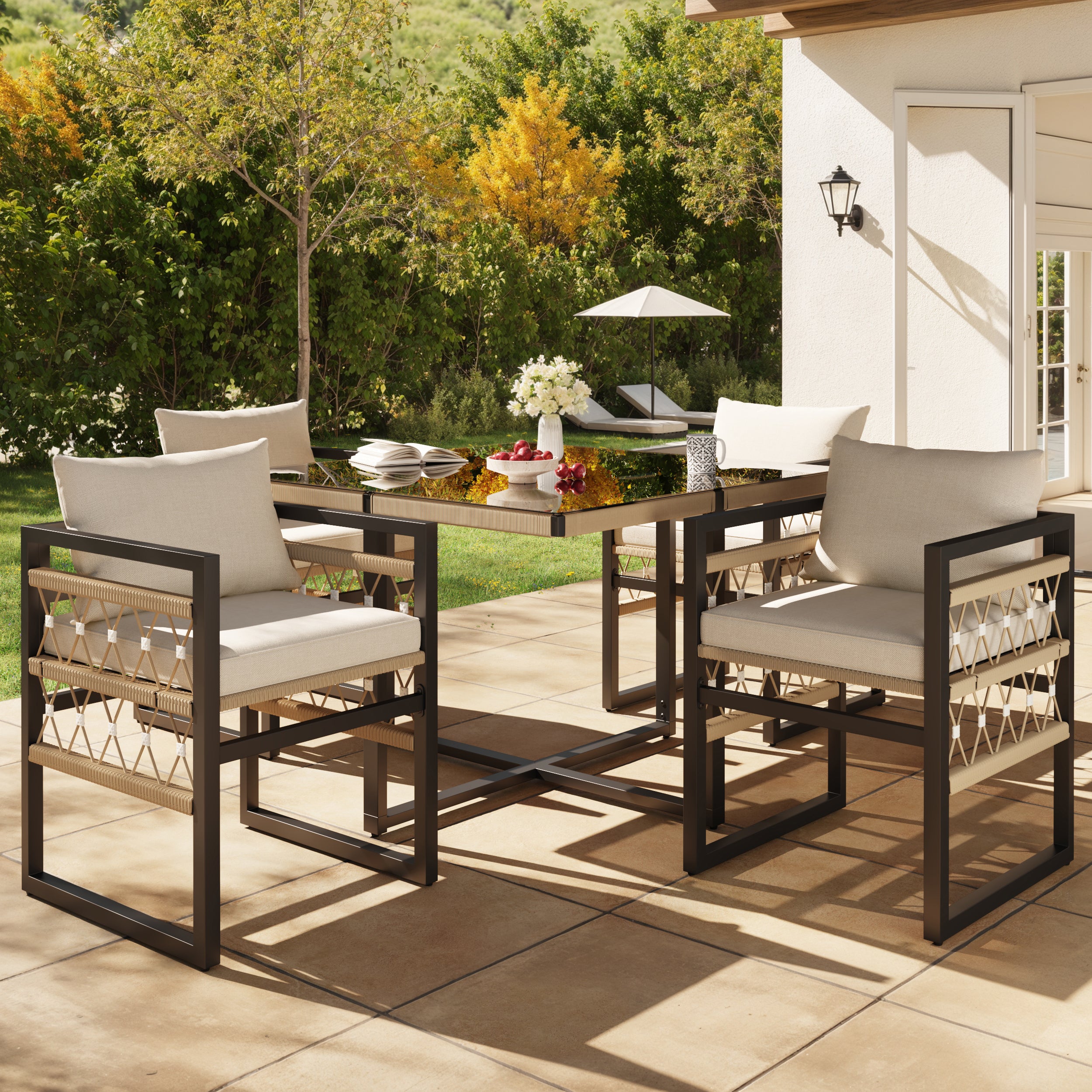 Hand-Woven Garden Sofa Set for 4 People / Made of Sturdy Iron with 4 Beige Cushions / Incl. 1 Safety Glass Table & 4 Armchairs / Weather-Resistant Patio Furniture