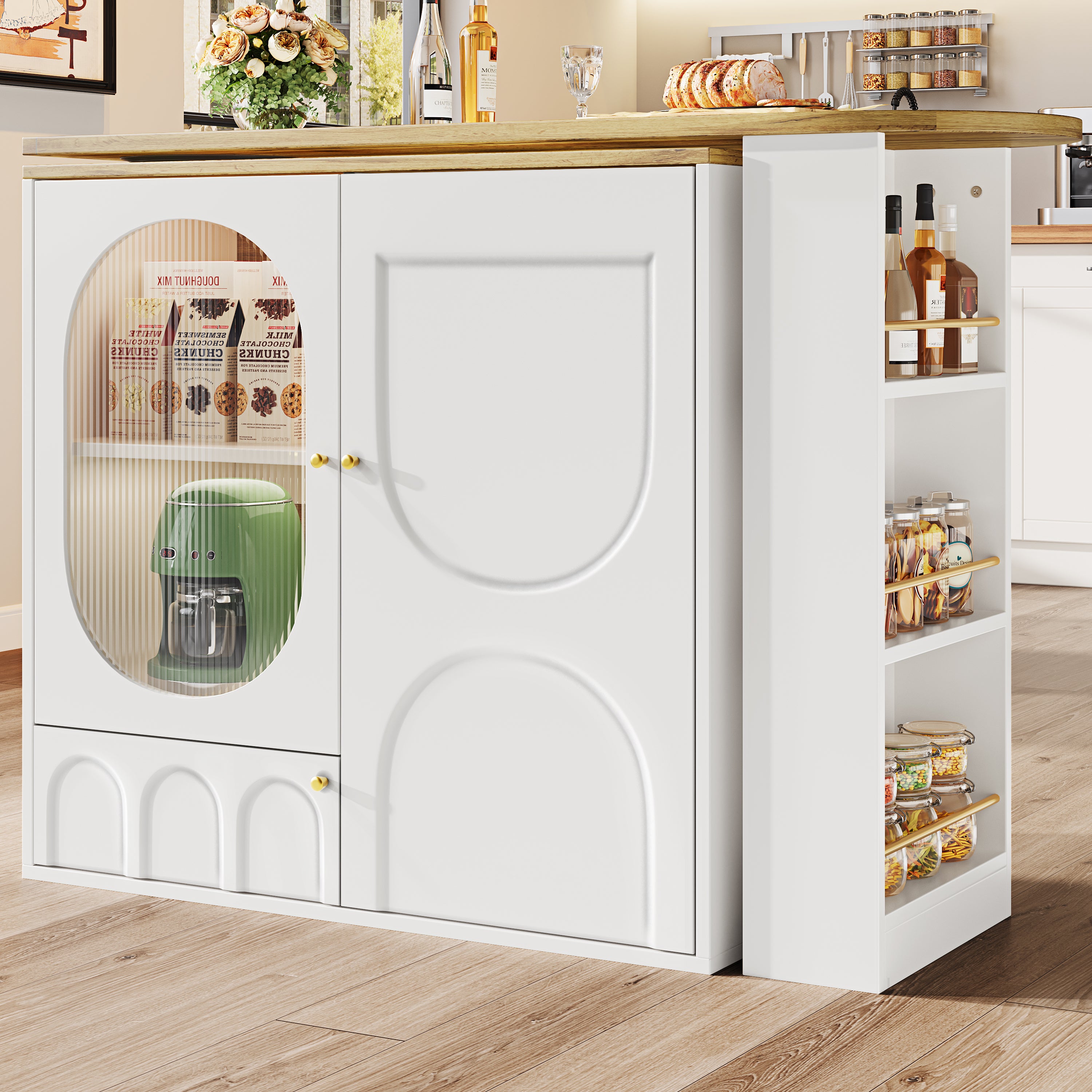360° rotating bar table (body 138 x 39 x 105 cm), coffee bar furniture, rotating dining table with storage space, kitchen island, two doors with shelves, sideboard, buffet, white