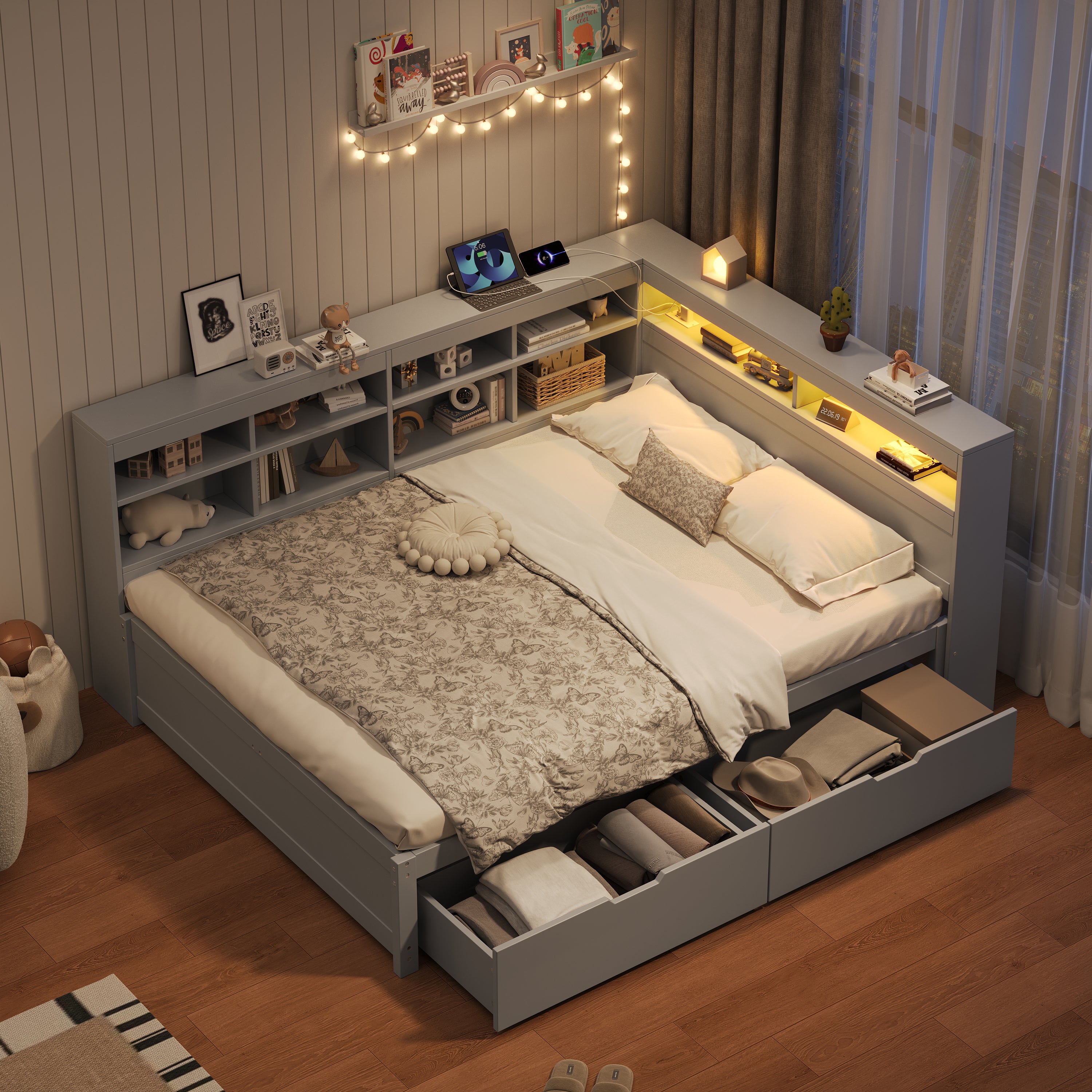 4ft6 Double Daybed with Two Storage Drawers and Beside Storage, LED Modern Bed frame with Charging Station, Wood Bed for Living Room/ Bedroom/ Study Room, 135X190cm, Easy Assembly, Grey (No Mattress)