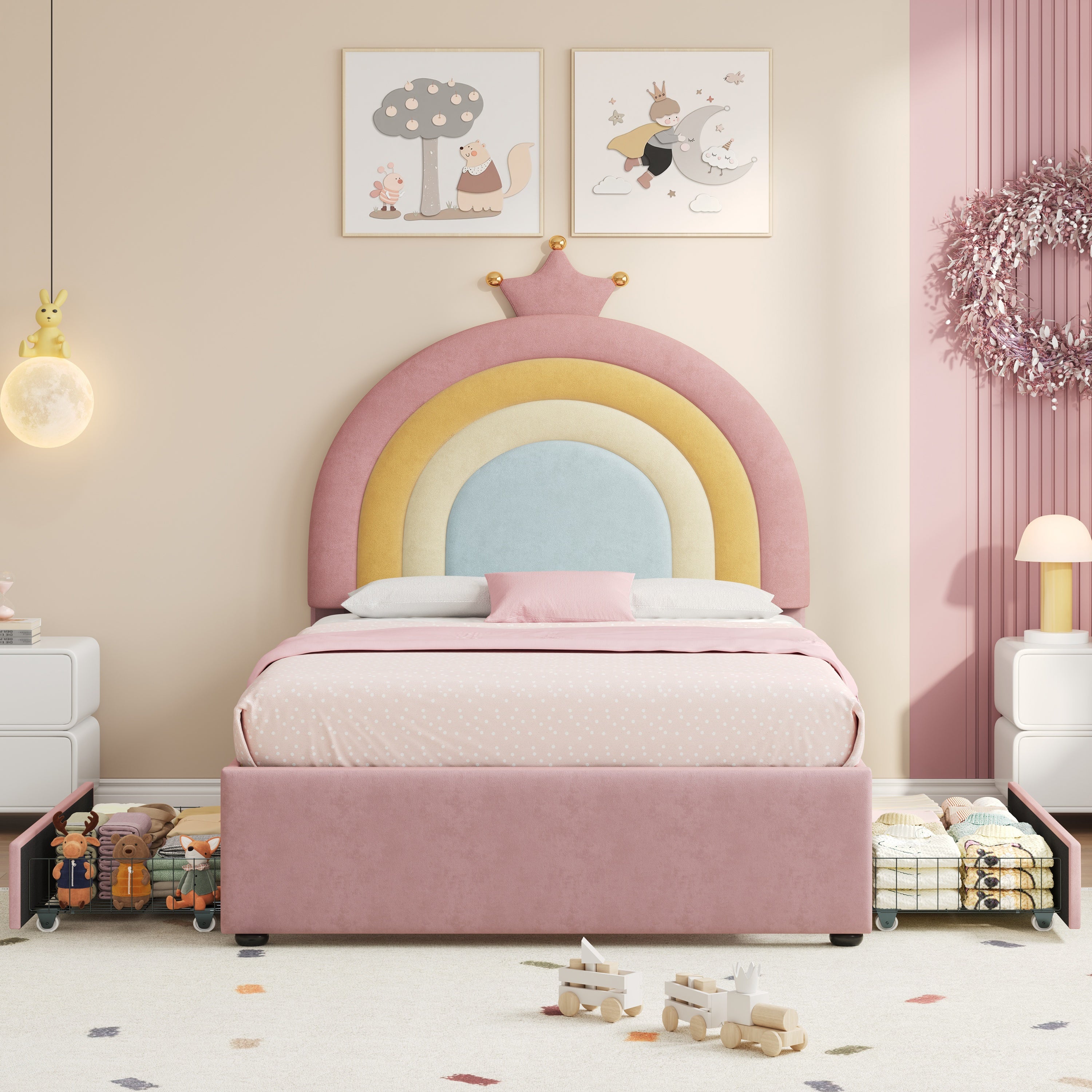 3ft Single Upholstered Bed with Adjustable Rainbow Crown Headboard, Soft Velvet Bed Frame with Flexible Storage Drawers, No Box Spring Needed, Pink (No Mattress)
