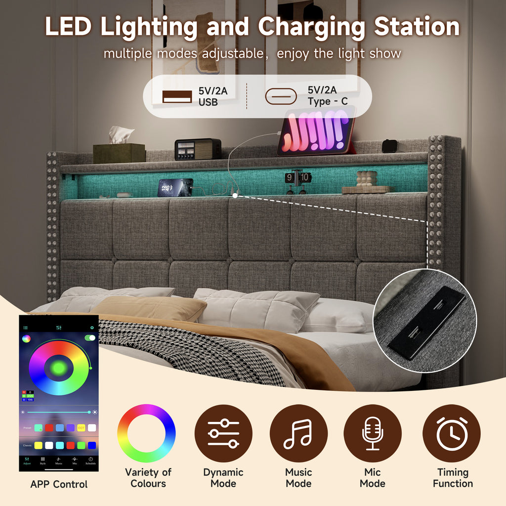 4ft6 Double Upholstered Bed with 4 Storage Drawers, LED Rivet  Storage Bed with Charging Station, Button Tufted Headboard with USB and Type-C Ports, Linen, Grey (No Mattress)