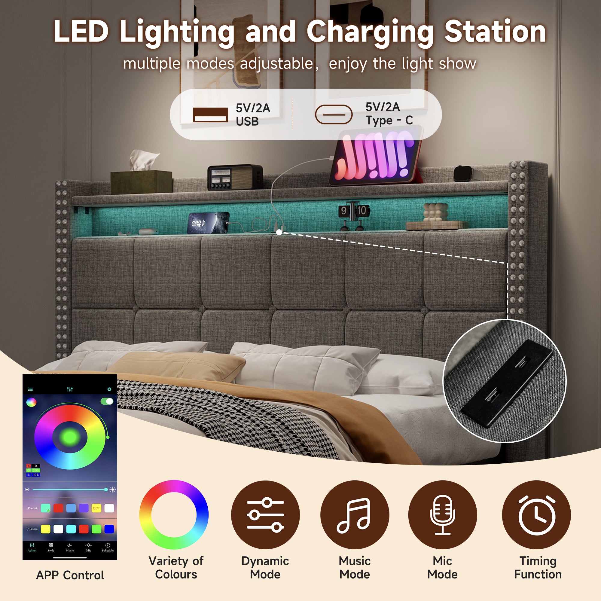 4ft6 Double Upholstered Bed with 4 Storage Drawers, LED Rivet  Storage Bed with Charging Station, Button Tufted Headboard with USB and Type-C Ports, Linen, Grey (No Mattress)
