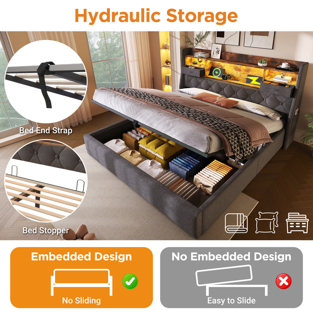 Upholstered Bed 6ft Hydraulic Bed with LED Lighting, USB Type-C Charging, Storage Headboard for Cellphones & Tablets, 180 x 200 cm Super King Bed with Metal Slatted Frame, Linen, Grey (No Mattress)