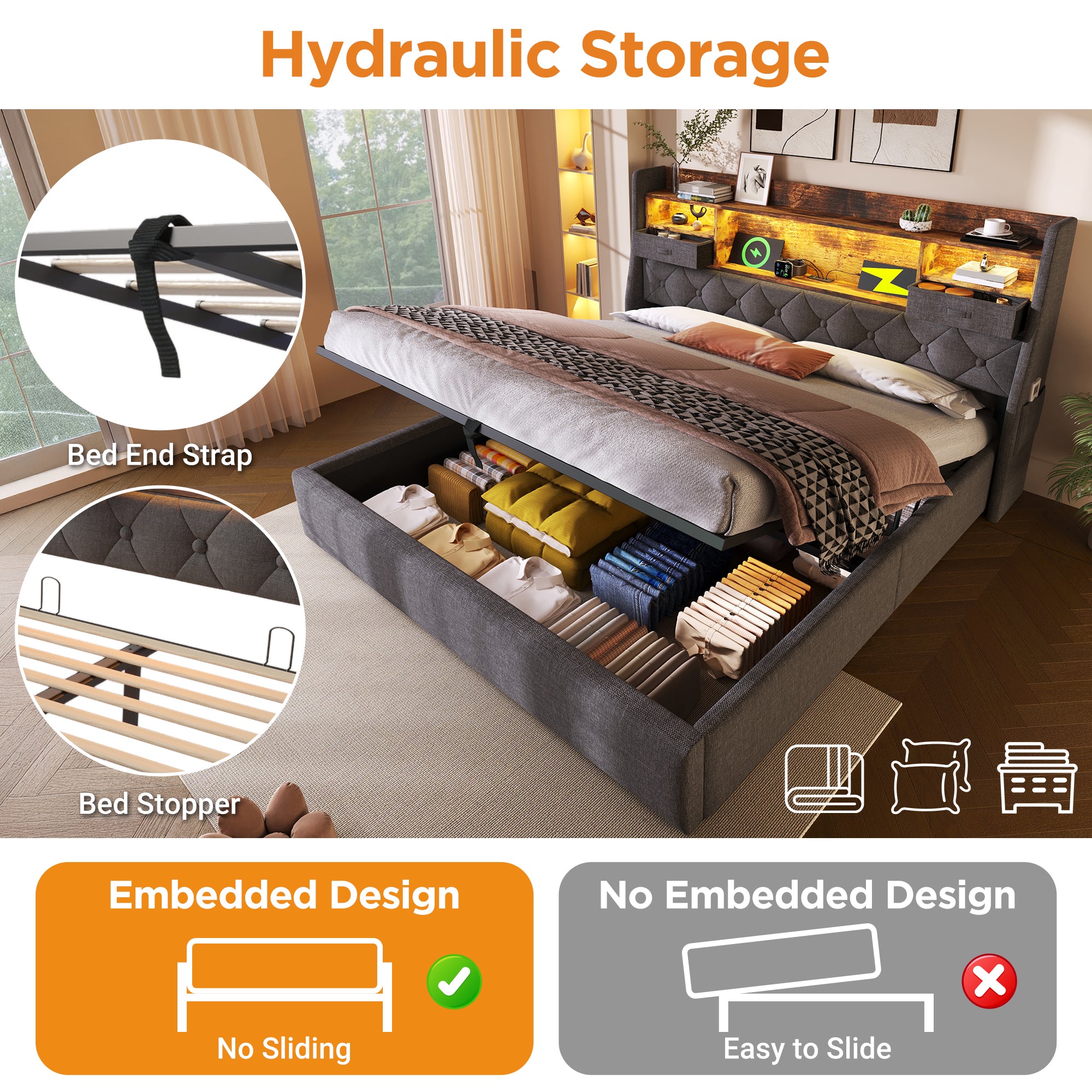Upholstered Bed 4ft6 Hydraulic Bed with LED Lighting, USB Type-C Charging, Storage Headboard for Cellphones & Tablets, 135 x 190 cm Double Bed with Metal Slatted Frame, Linen, Grey (No Mattress)