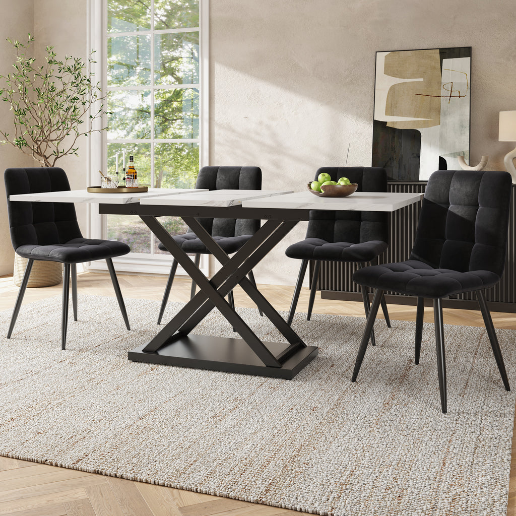 Dining set (5-piece), extendable dining table set for 4 people, 160×80×75cm dining table with 4 dining chairs, black velvet dining chairs, white marble dining table