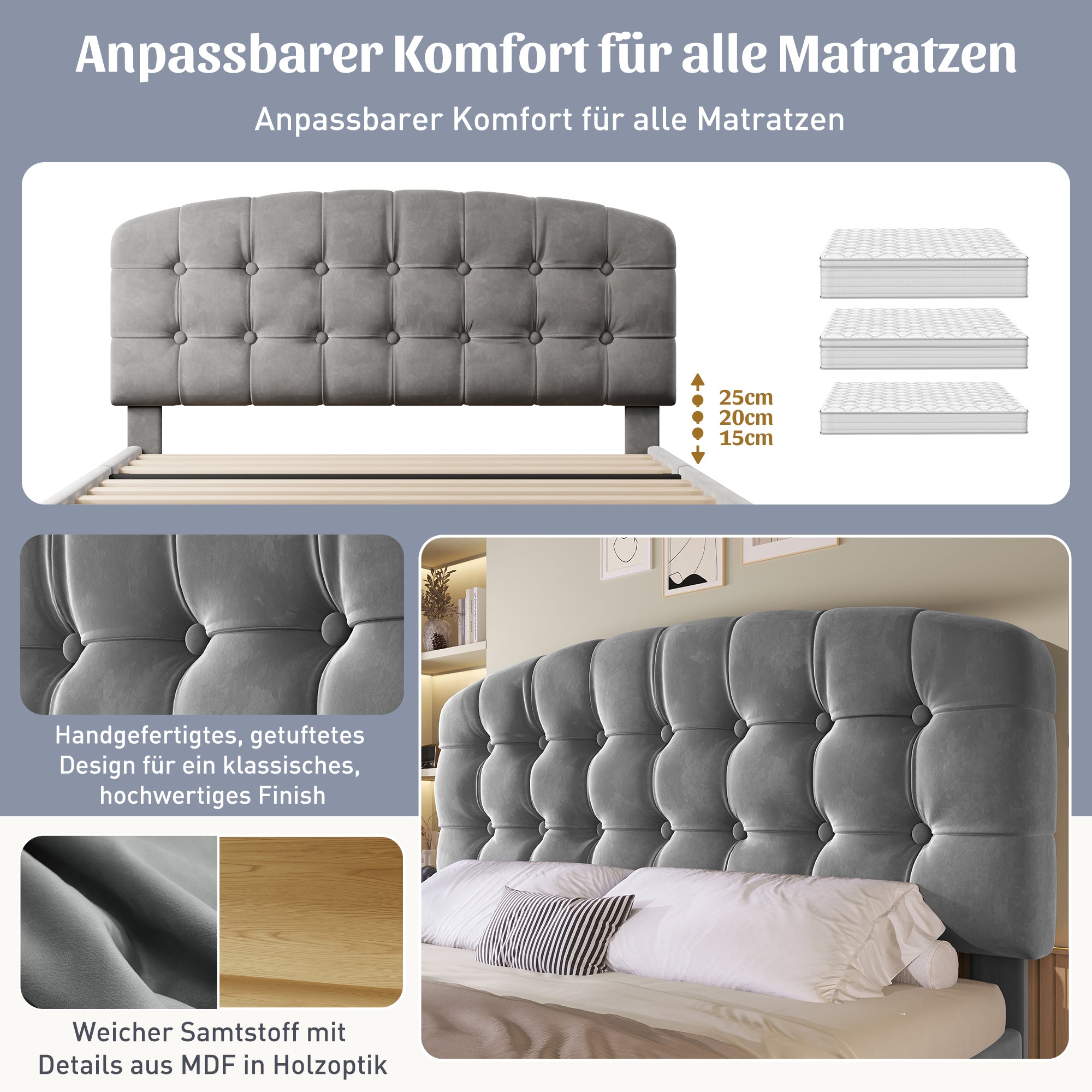 Upholstered Double Bed with Storage Compartments and Drawers, 4ft6 Double Bed with Adjustable Headboard, 135 x 190 cm, Velvet, Grey (No Mattress)