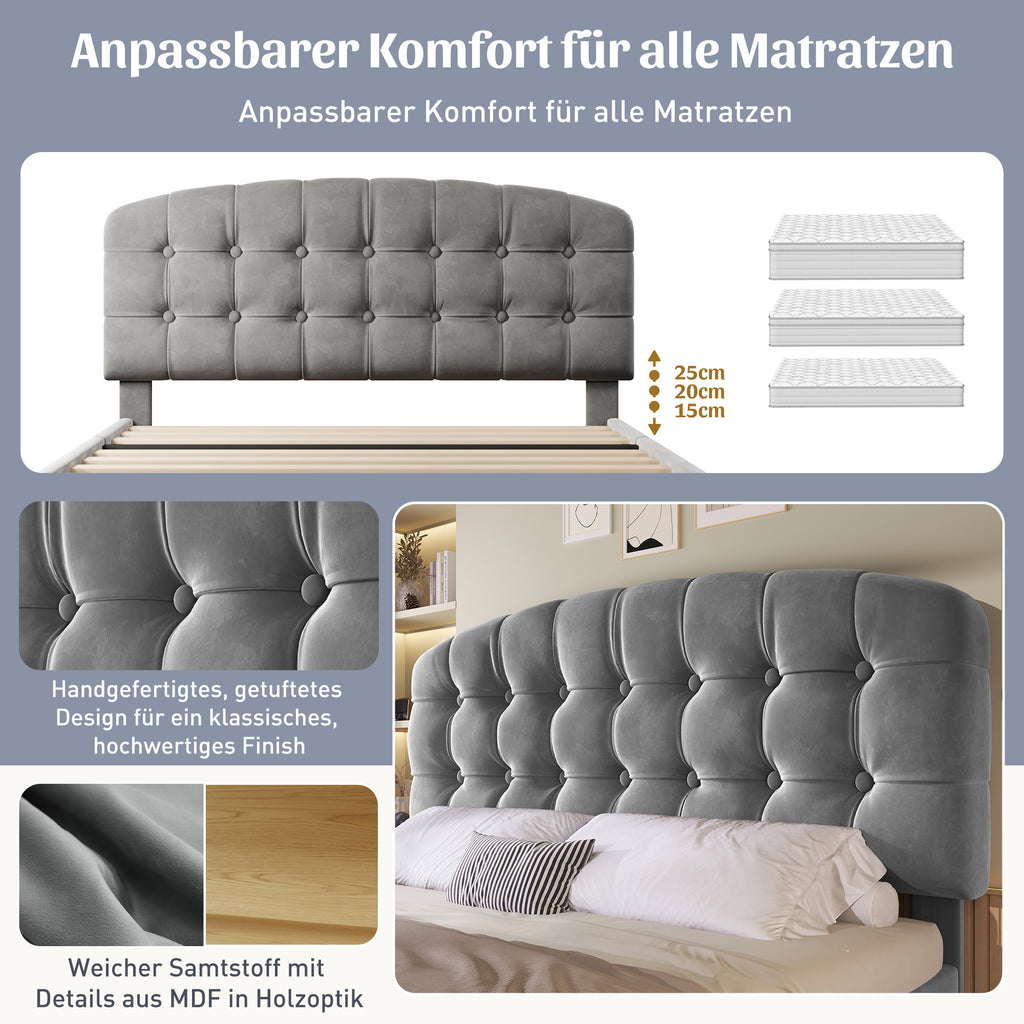 Upholstered King Bed with Storage Compartments and Drawers, 5ft King Bed with Adjustable Headboard, 150 x 200 cm, Velvet, Grey (No Mattress)
