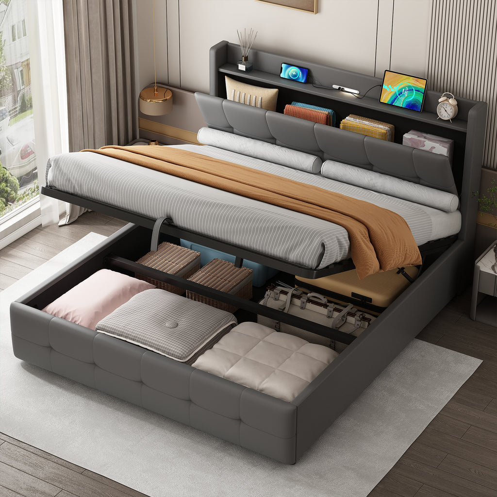 5ft King Upholstered Bed Frame with Hydraulic Storage, PU Leather Ottoman Bed with Concealed Headboard Storage, Double Bed with Charging Station and LED Night Light,  Grey (No Mattress)