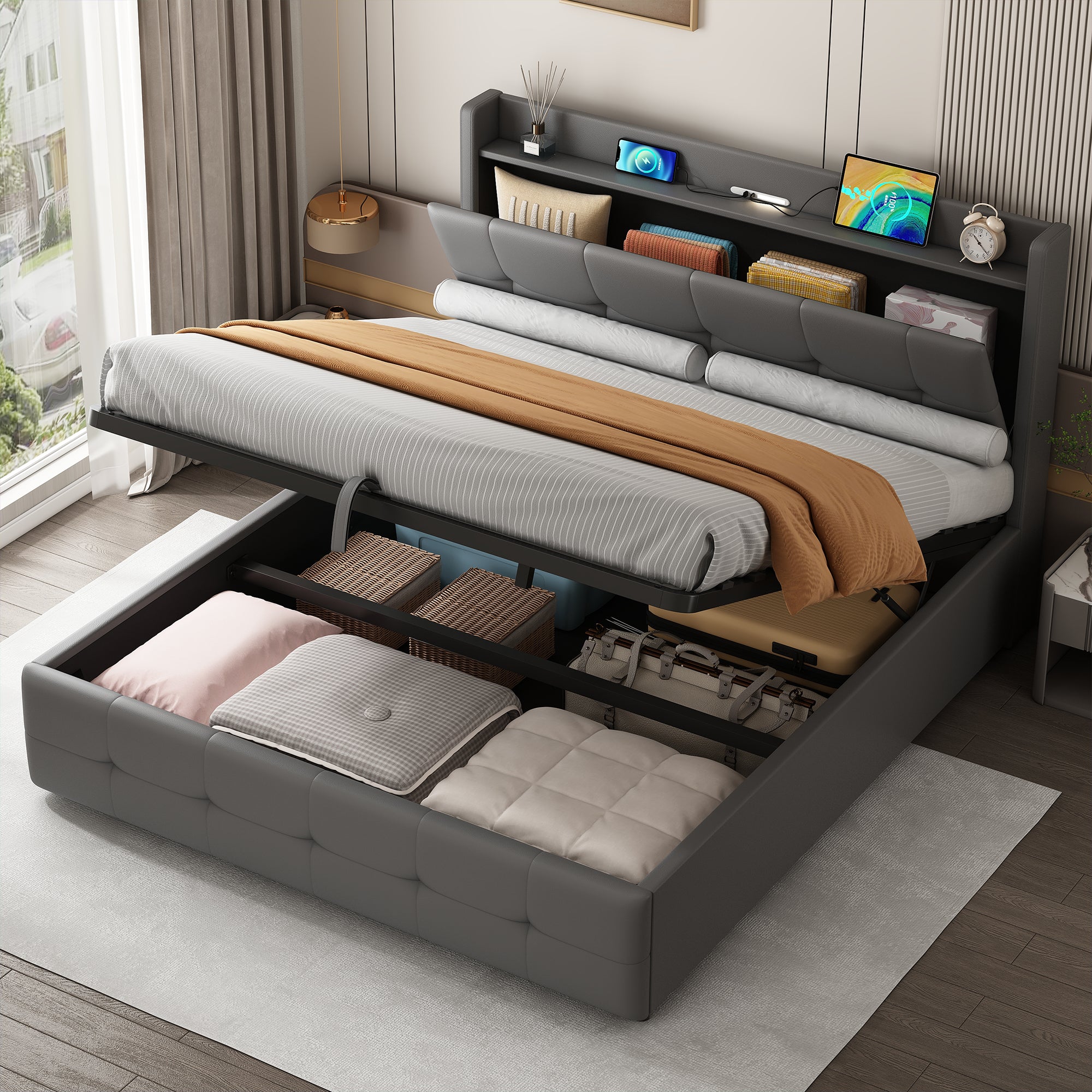 4ft6 Double Upholstered Bed Frame with Hydraulic Storage, PU Leather Ottoman Bed with Concealed Headboard Storage, Double Bed with Charging Station and LED Night Light,  Grey