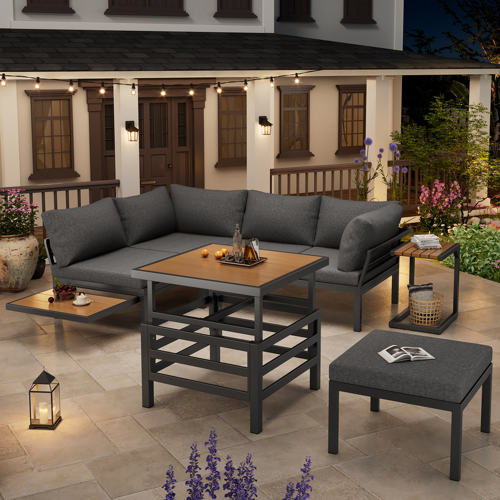 Outdoor Patio Furniture Set (2 Double Sofas + 1 Ottoman), 1 Plastic Lift-Top Coffee Table, Galvanized Iron Frame, with Seat Cushions & Pillows, Includes Small Side Table with Extendable Tabletop