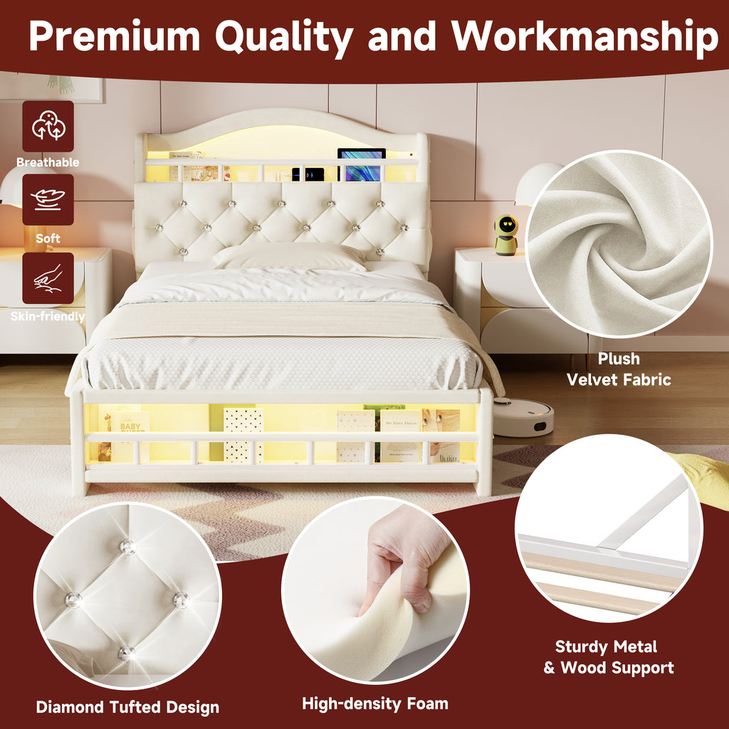 3ft Single Upholstered Velvet Bed Frame, LED Bed Frame with Charging Station & Diamond Tufted Headboard, Concealed Headboard Storage with USB and Type - C Ports, Easy Assembly, Beige (No Mattress)