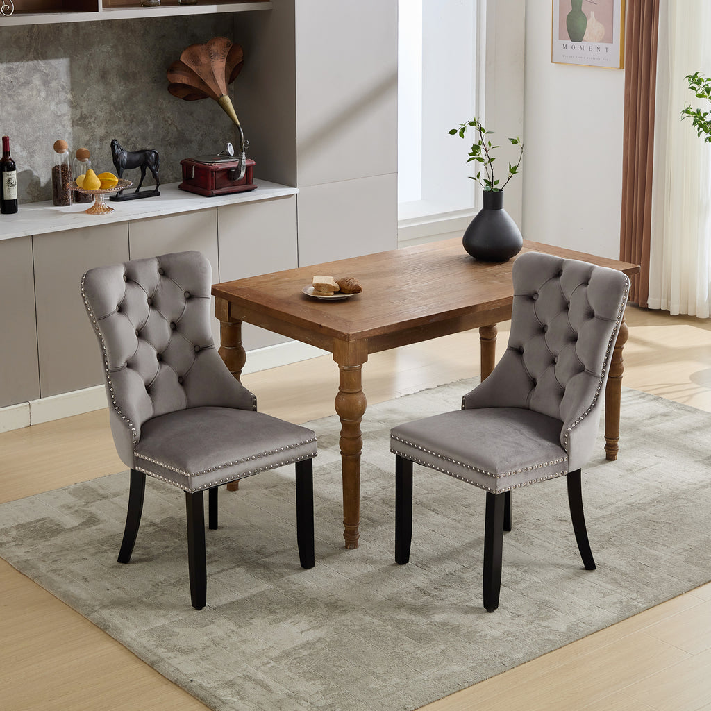 Modern Set of 2 Upholstered Velvet Dining Chairs, Button Tufted Kitchen Lounge Chairs with Solid Wood Legs, Riveted Trim and Knocker Ring, for Dining Room Living Room, Grey