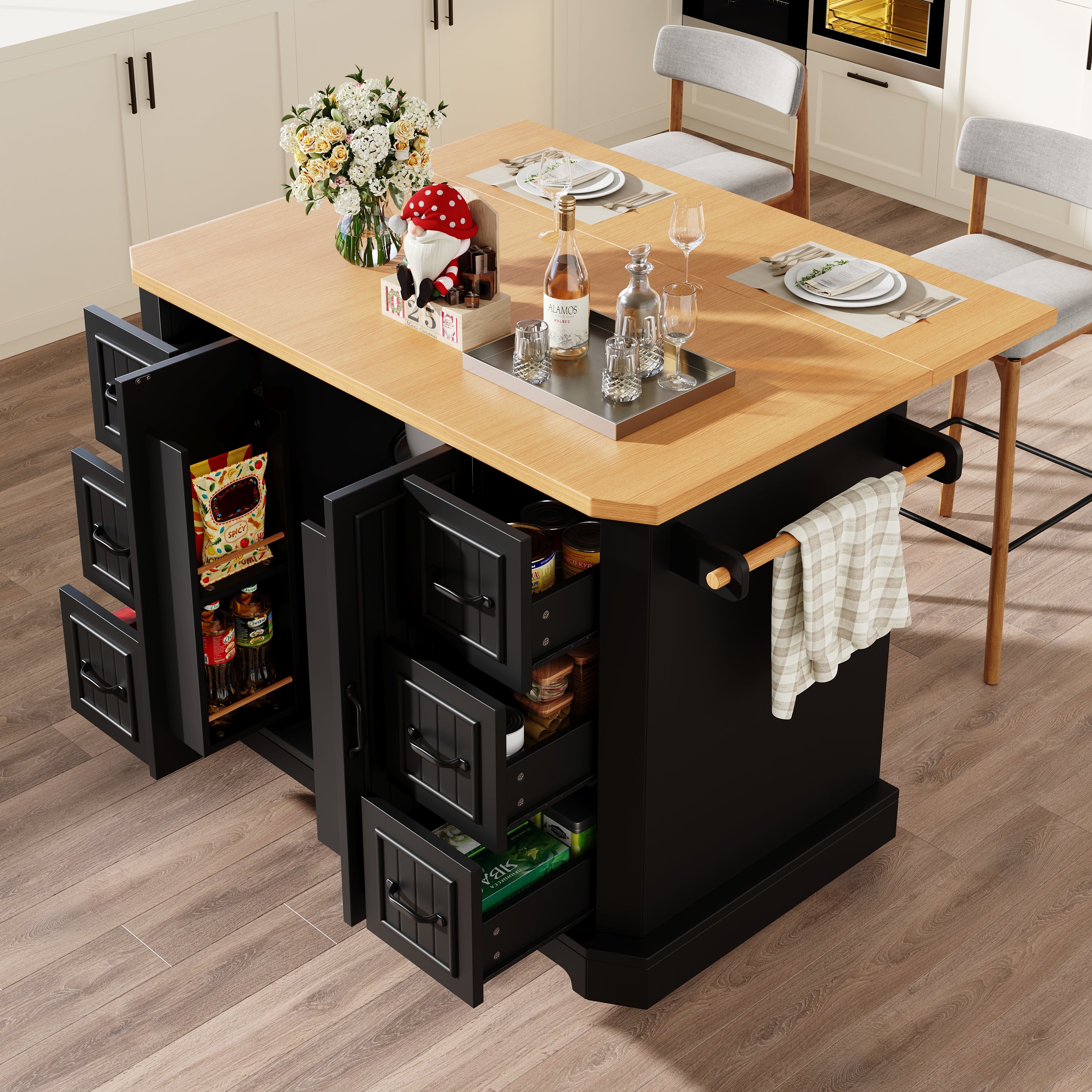 Mobile Kitchen Island Cart on Wheels - Cabinet with 2 Doors & 6 Drawers, Adjustable Width 45-75cm, White/Black