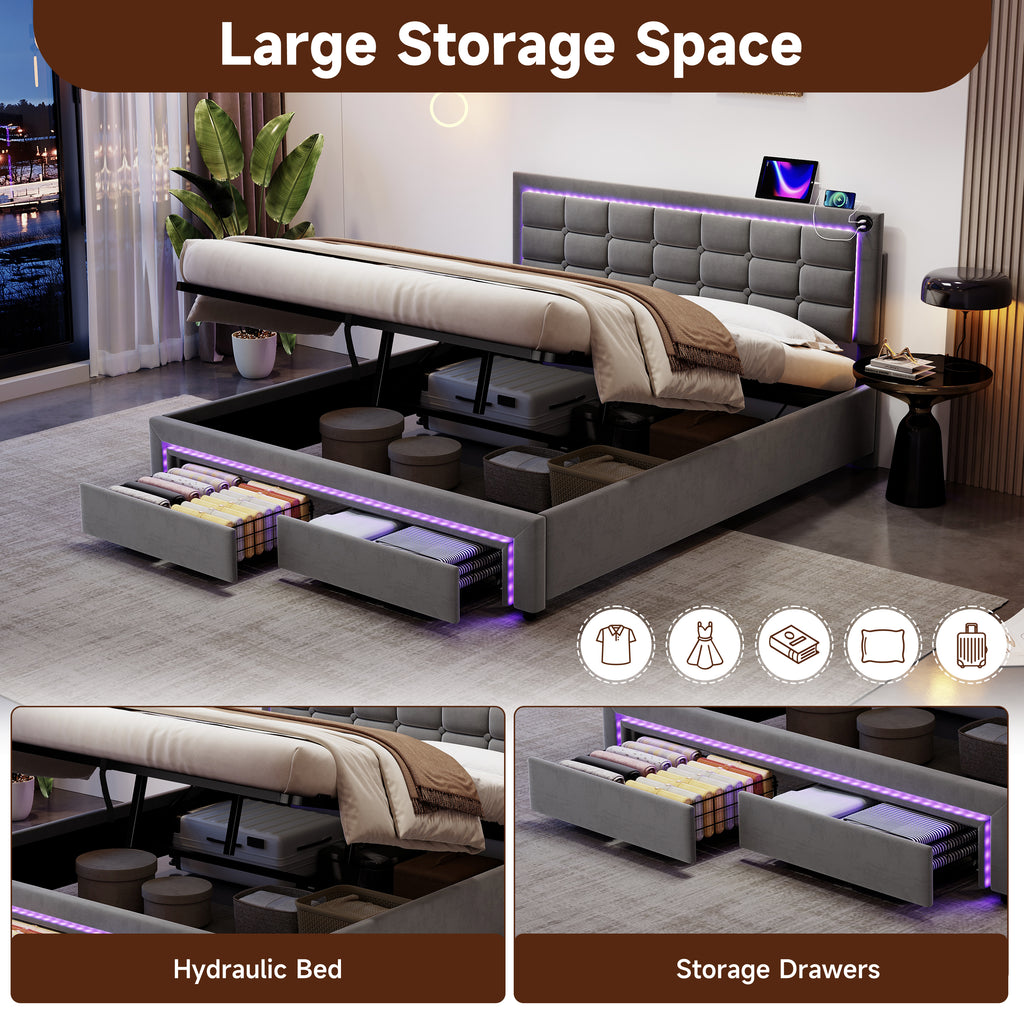 4ft6 Double Upholstered Bed Frame with Hydraulic and Drawers Storage, LED Adjustable Button Tufted Headboard with Charging Station, Velvet Hydraulic Bed with RGB LED Lighting, Grey (No Mattress)