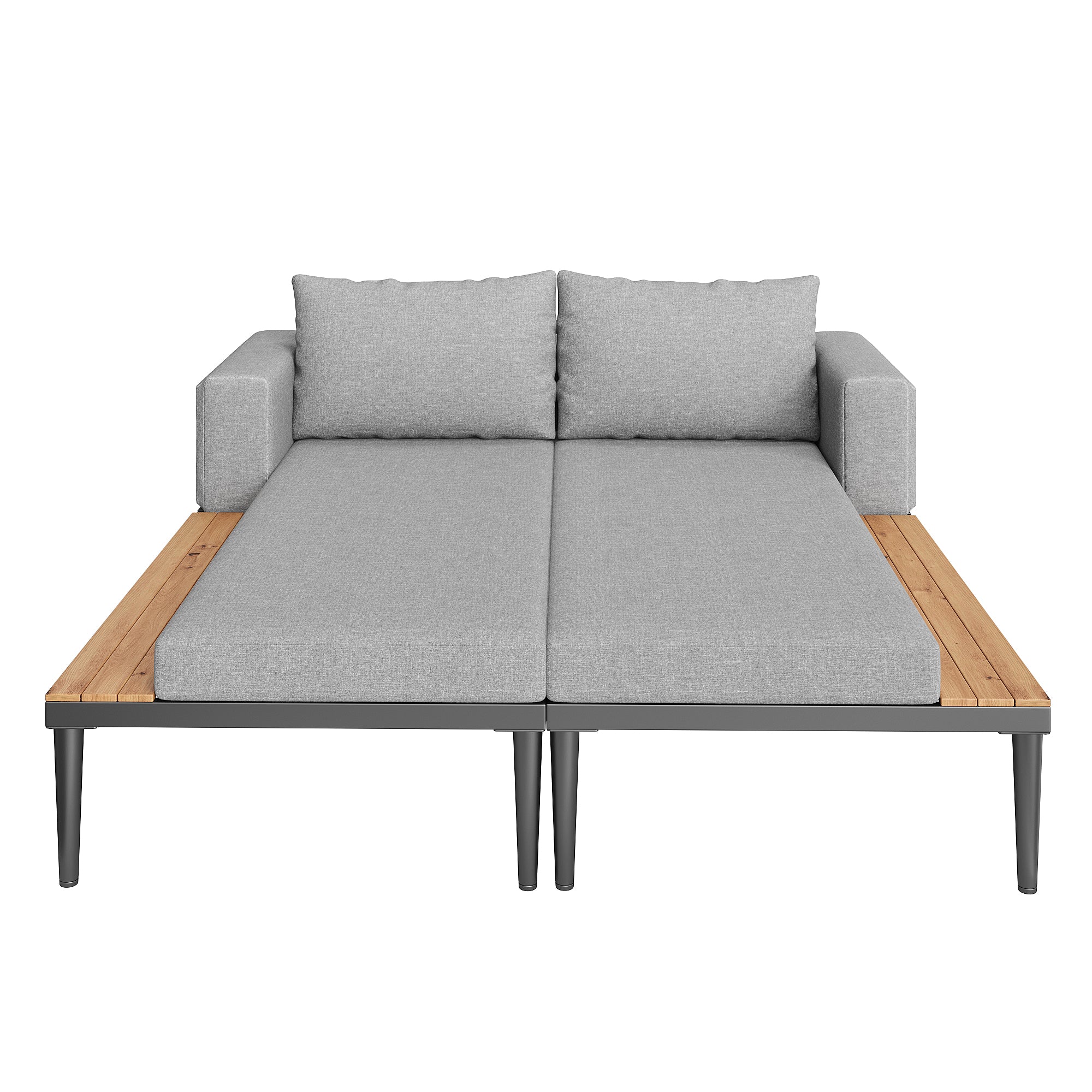 Modular Outdoor Double Chaise Lounge with Wooden Side Panels, Waterproof Cushions, Sturdy Iron Frame, for Patio & Poolside