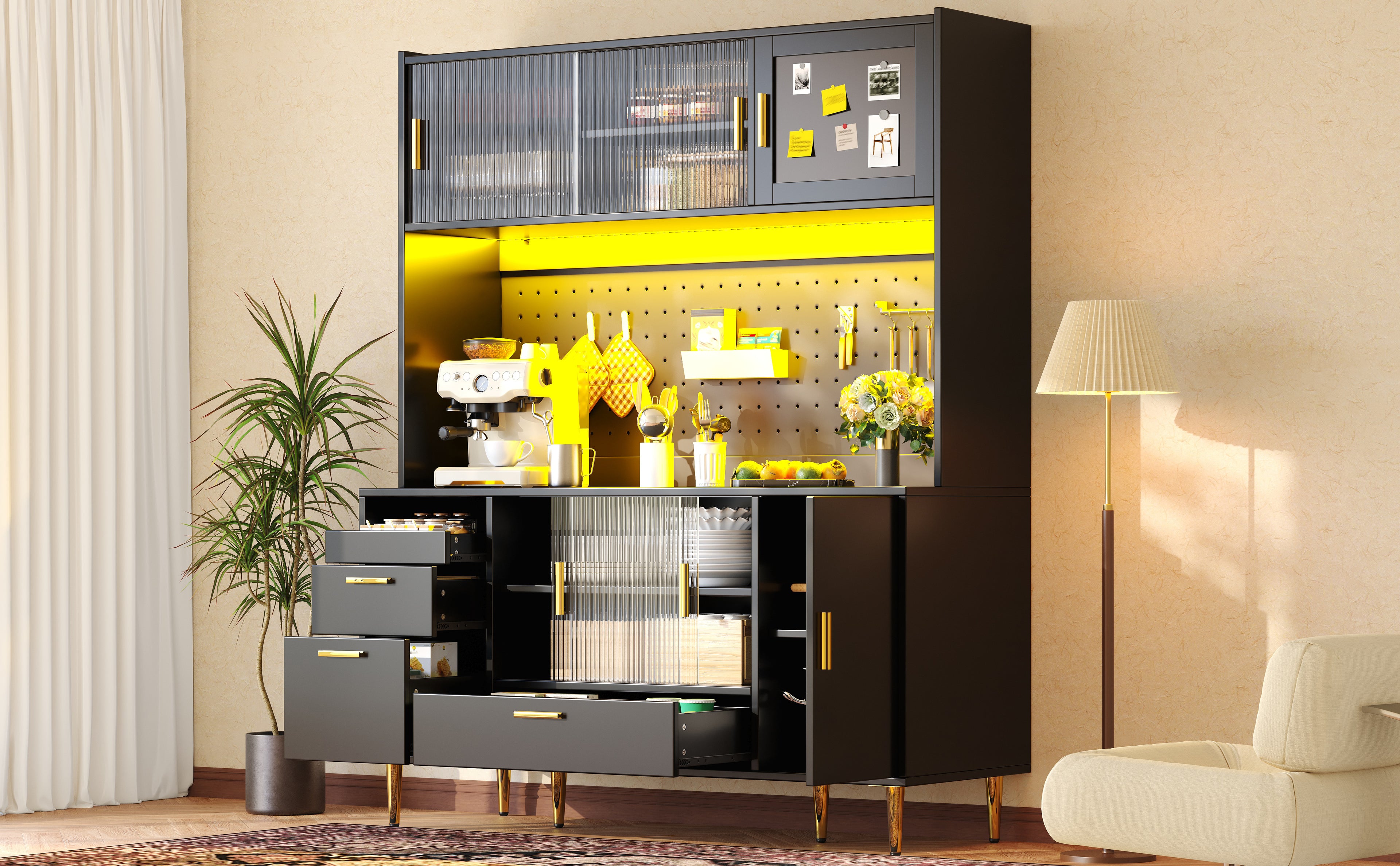 Tall cabinets for the living room (140×40×180cm), kitchen cabinet, dining room cabinet, cabinets with LED lighting, magnetic door panels, tall cabinet with pegboard shelves, black