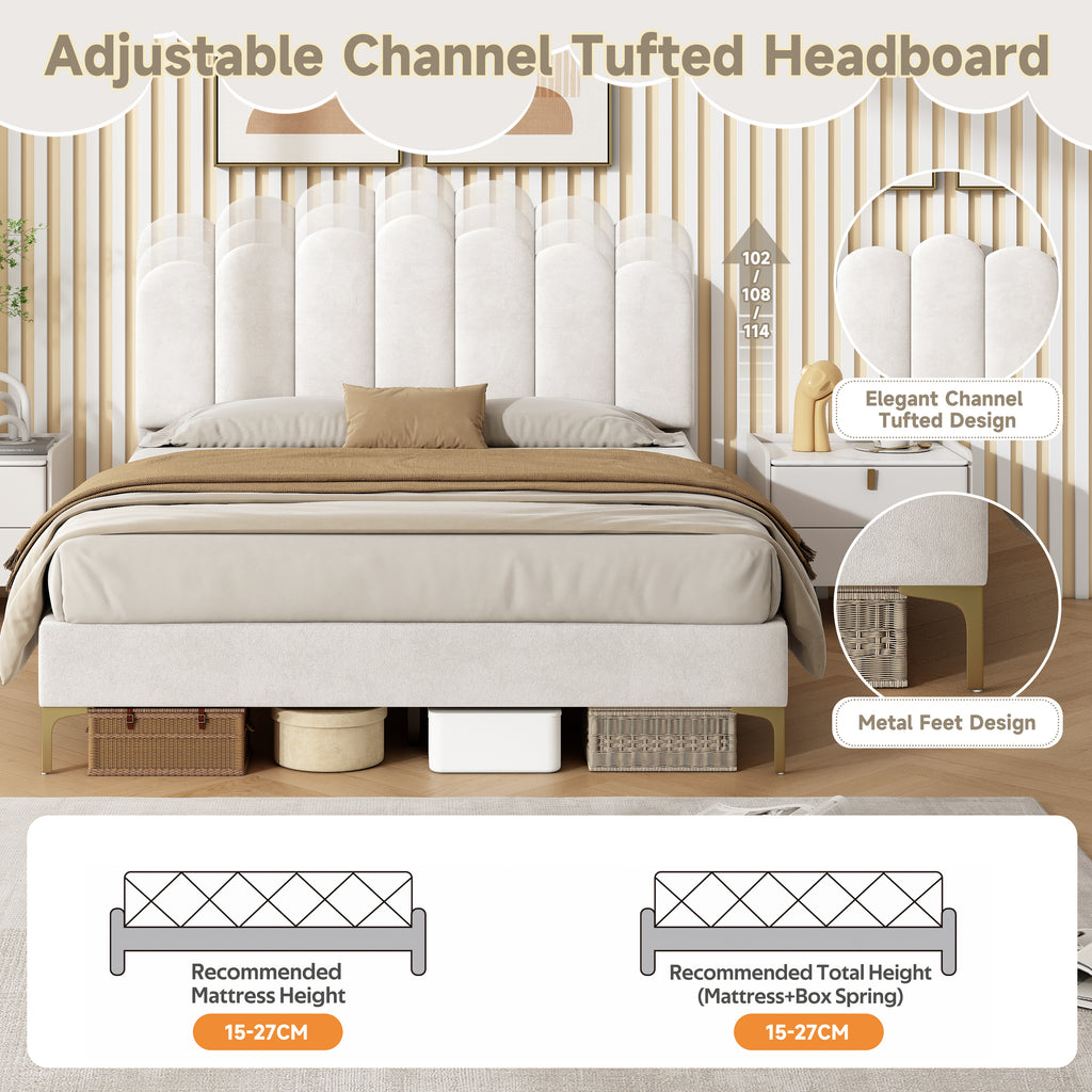4ft6 Double Premium Velvet Upholstered Bed Frame with Scalloped Channel Tufted Design, Height Adjustable Headboard & Gold Metal Feet, Under-bed Storage Space, No Box Spring Needed, Beige (No Mattress)