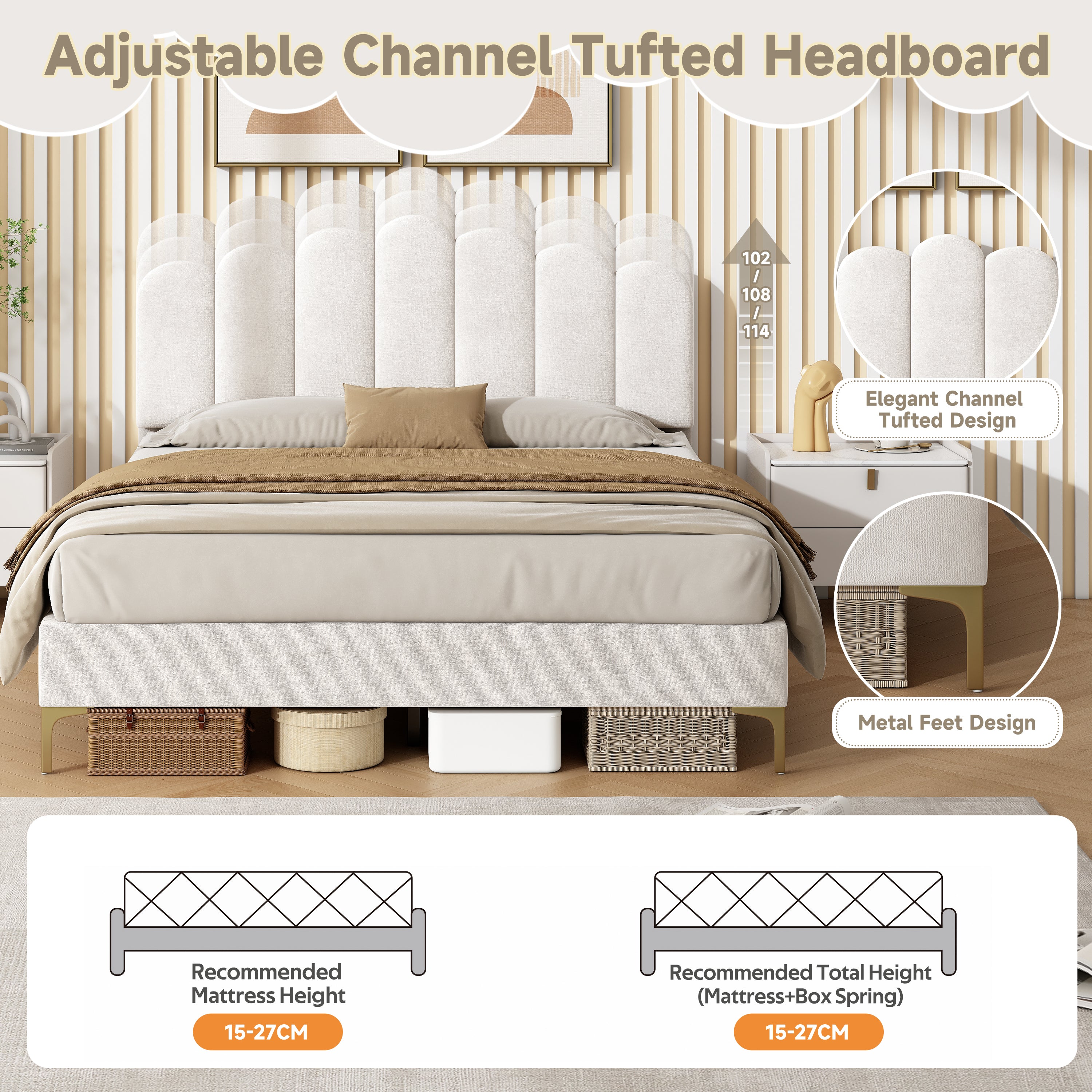 4ft6 Double Premium Velvet Upholstered Bed Frame with Scalloped Channel Tufted Design, Height Adjustable Headboard & Gold Metal Feet, Under-bed Storage Space, No Box Spring Needed, Beige (No Mattress)